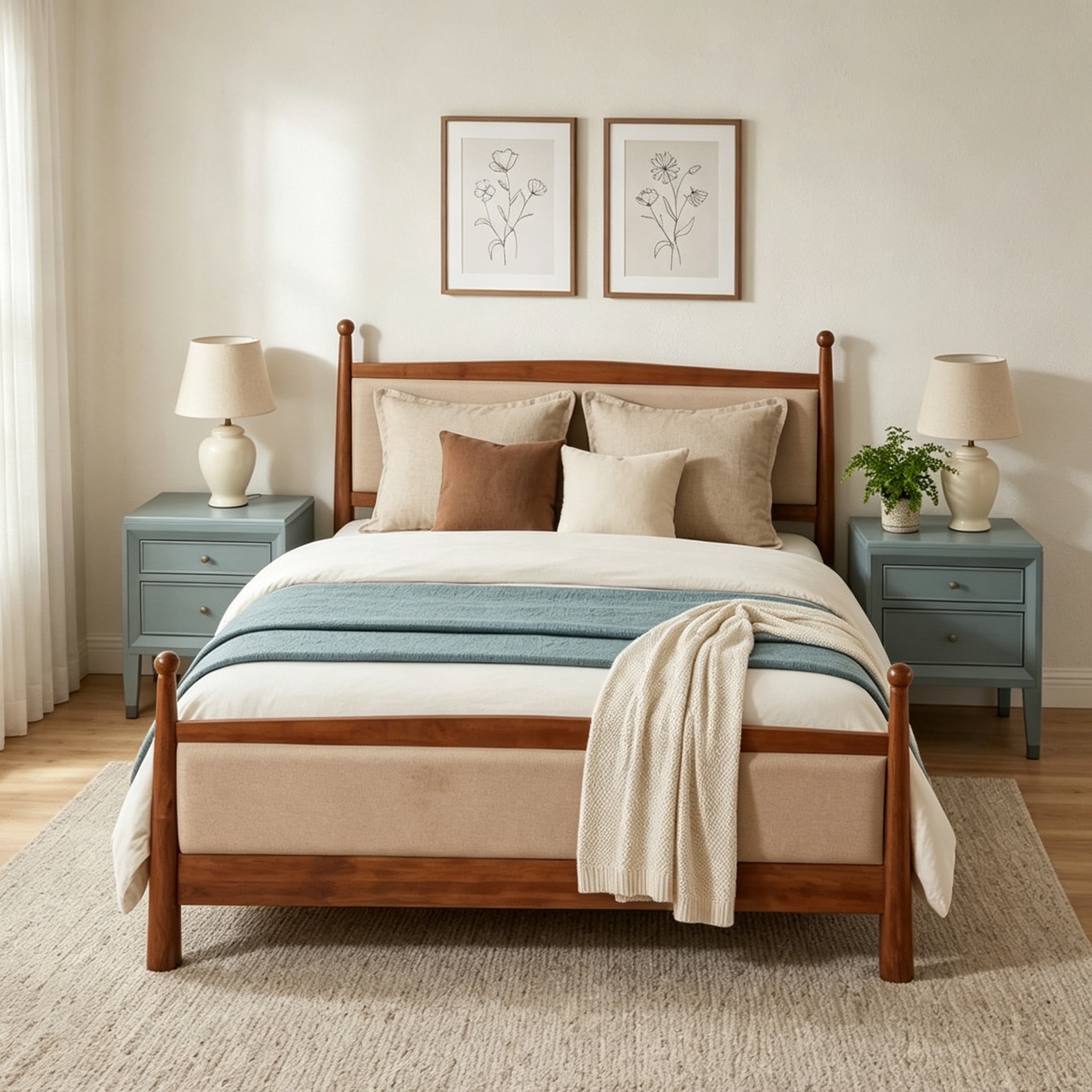 Christopher Knight Home Farmhouse Bedroom Set, Queen Upholstered Bed and 2 Nightstands, Cherry+Sage Green