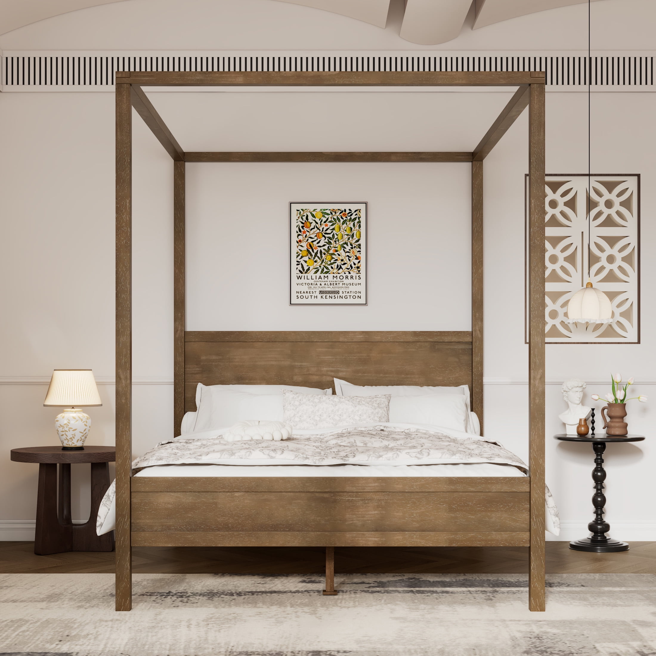 Christopher Knight Home Farmhouse Canopy Bed Frame with Headboard, Solid Wood Frame, Antique Natural