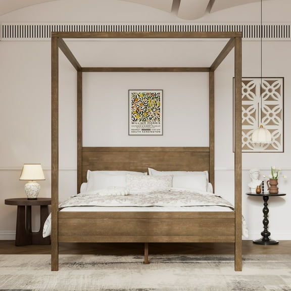 Christopher Knight Home Farmhouse Canopy Bed Frame with Headboard, Solid Wood Frame, Antique Natural