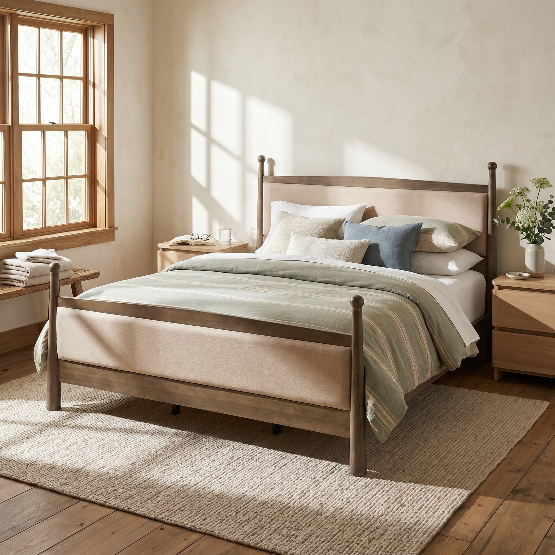 Christopher Knight Home Farmhouse King Platform Bed Frame with Upholstered Headboard, Antique Oak