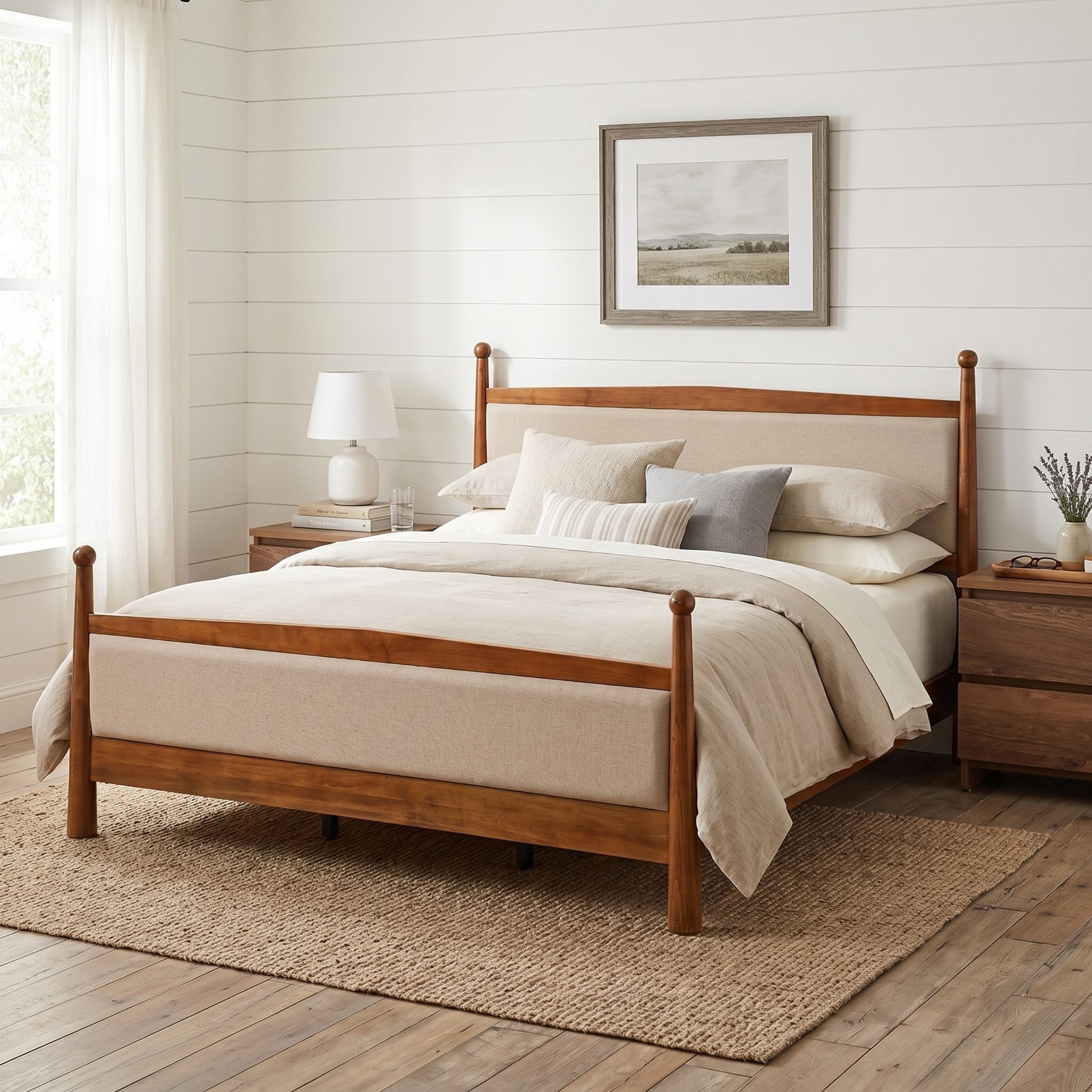 Christopher Knight Home Farmhouse King Platform Bed Frame with Upholstered Headboard, Cherry