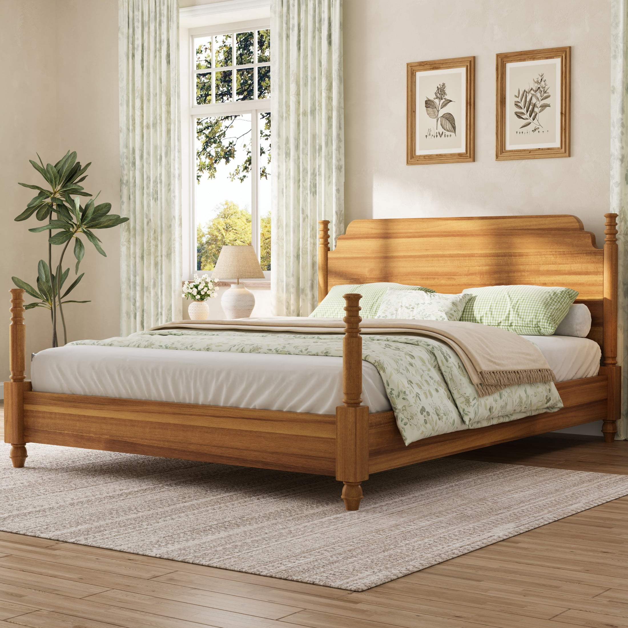 Christopher Knight Home Farmhouse King Platform Bed with Curved Headboard, Turned Legs, Teak Brown