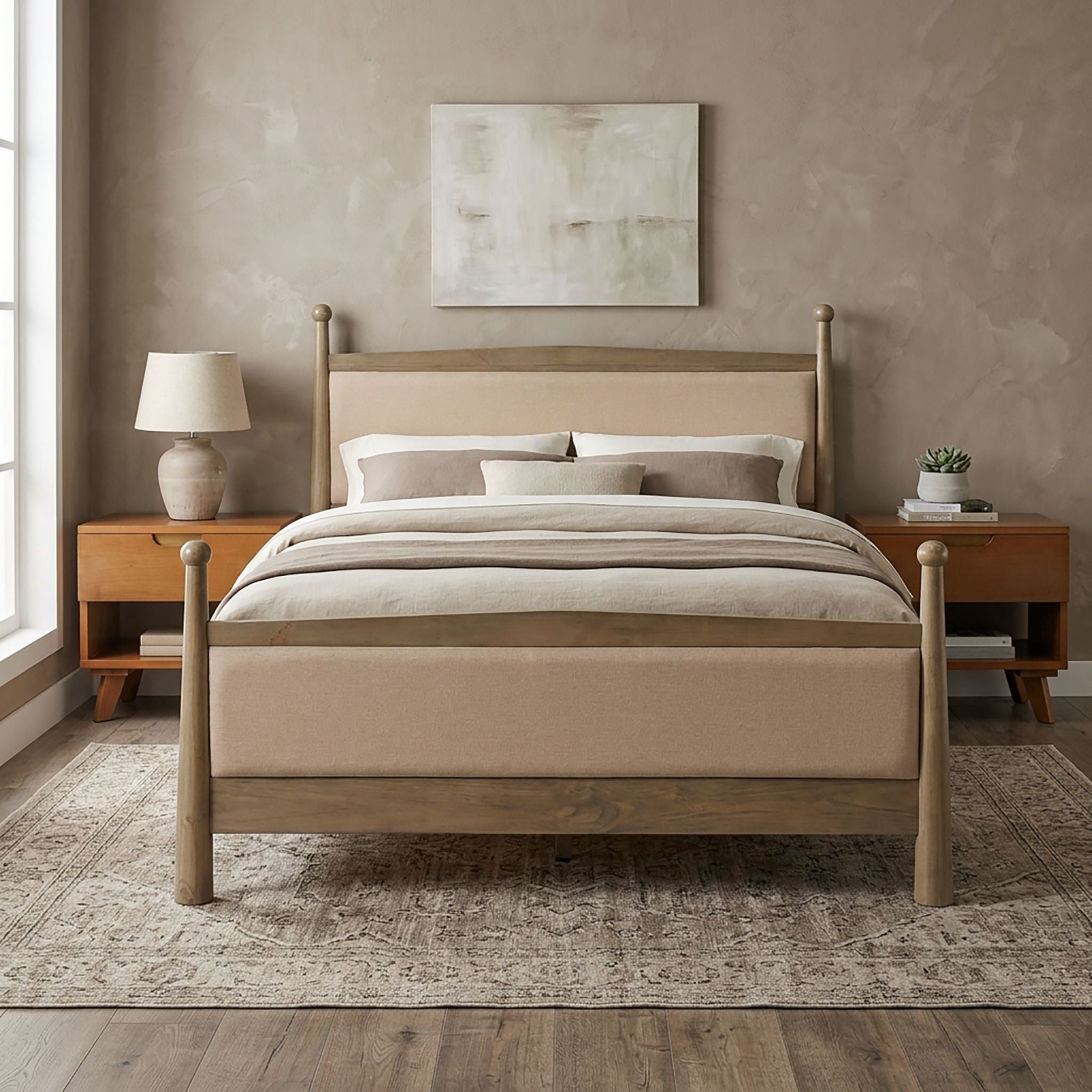 Christopher Knight Home Farmhouse King Upholstered Platform Bed with 2 Wooden Nightstands, Antique Natural