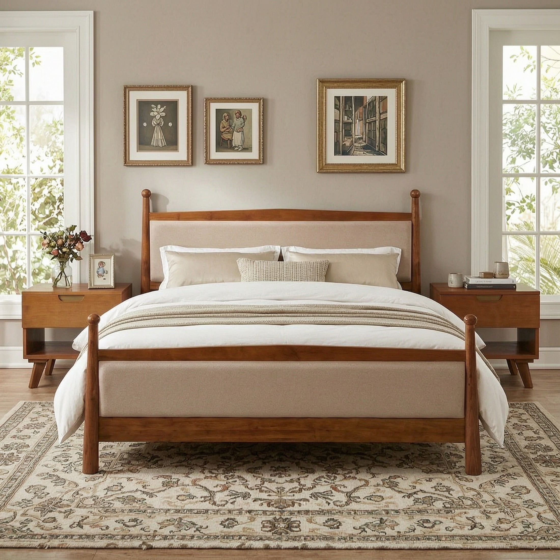 Christopher Knight Home Farmhouse King Upholstered Platform Bed with 2 Wooden Nightstands, Cherry