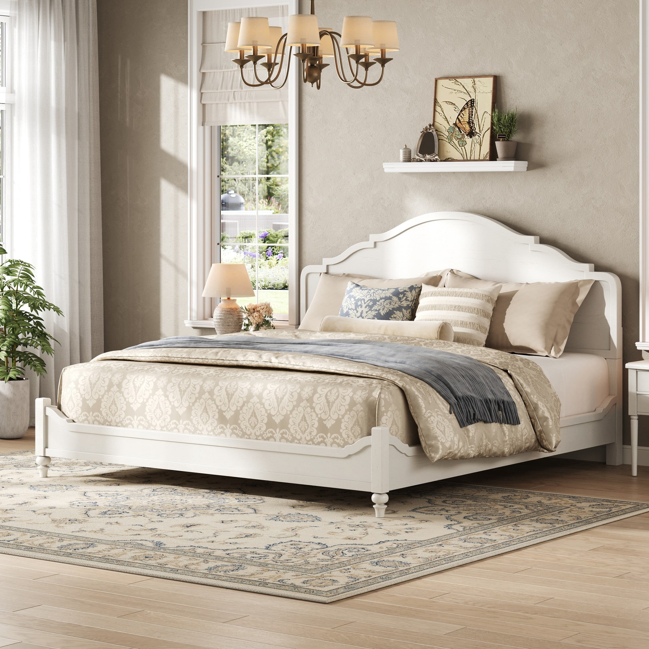 Christopher Knight Home Farmhouse King Wood Platform Bed with Curved Headboard, Turned Legs, White