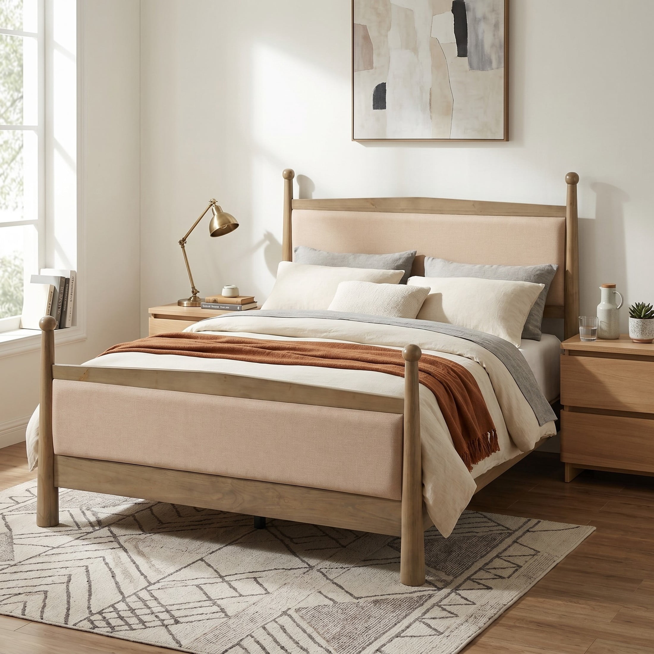 Christopher Knight Home Farmhouse Queen Platform Bed Frame with Upholstered Headboard, Antique Oak
