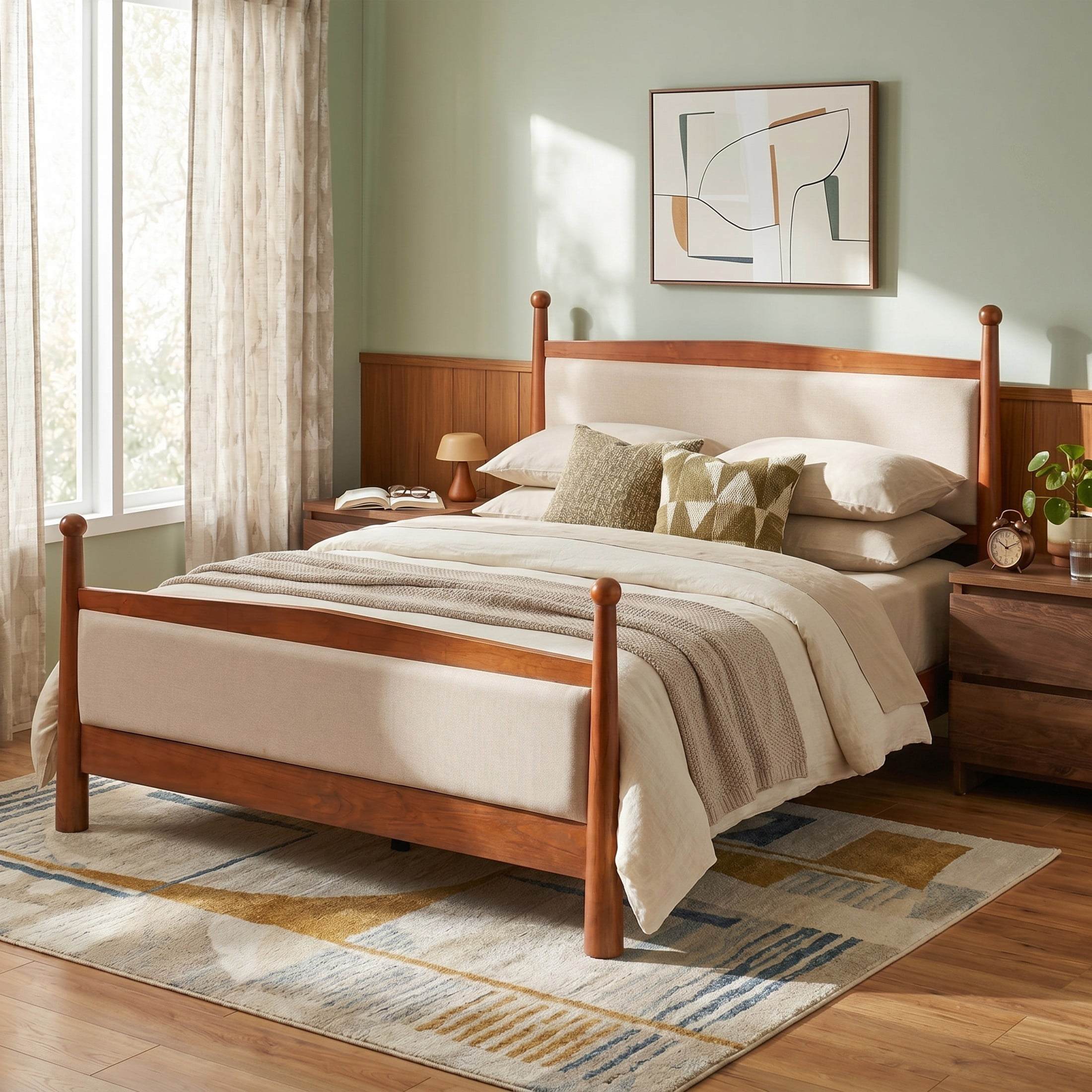 Christopher Knight Home Farmhouse Queen Platform Bed Frame with Upholstered Headboard, Cherry