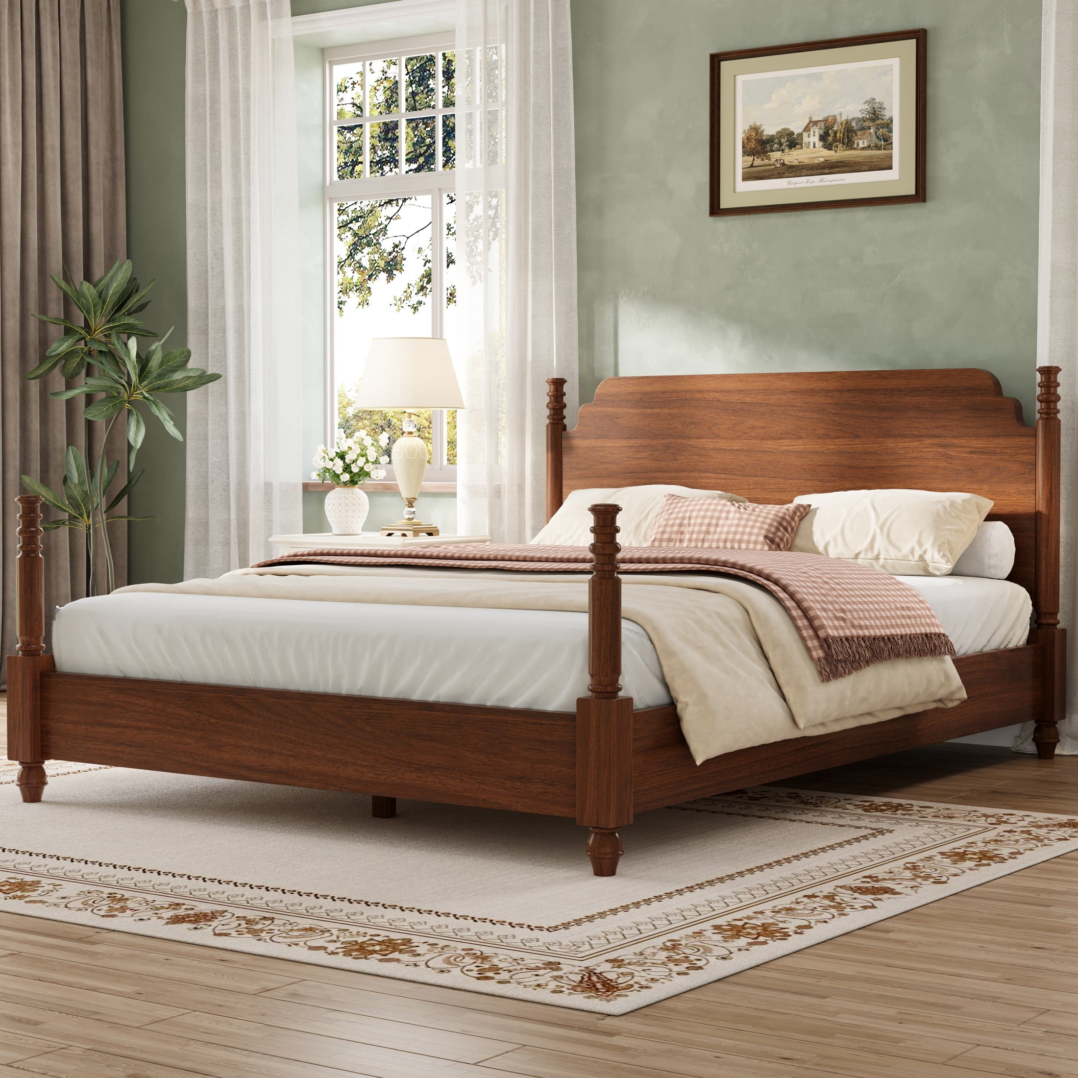 Christopher Knight Home Farmhouse Queen Platform Bed with Curved Headboard, Turned Legs, Walnut Brown