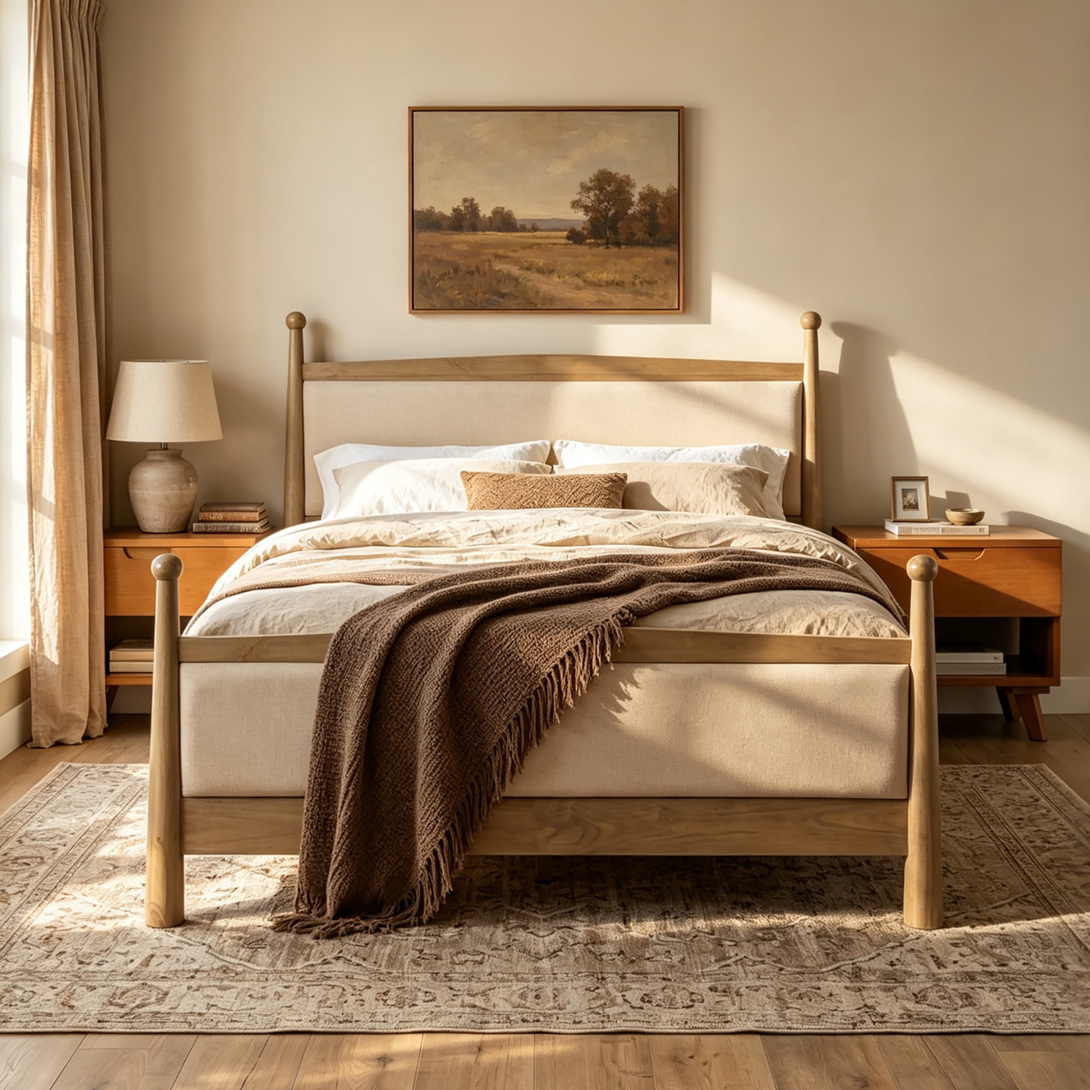 Christopher Knight Home Farmhouse Queen Upholstered Platform Bed with 2 Wooden Nightstands, Antique Natural