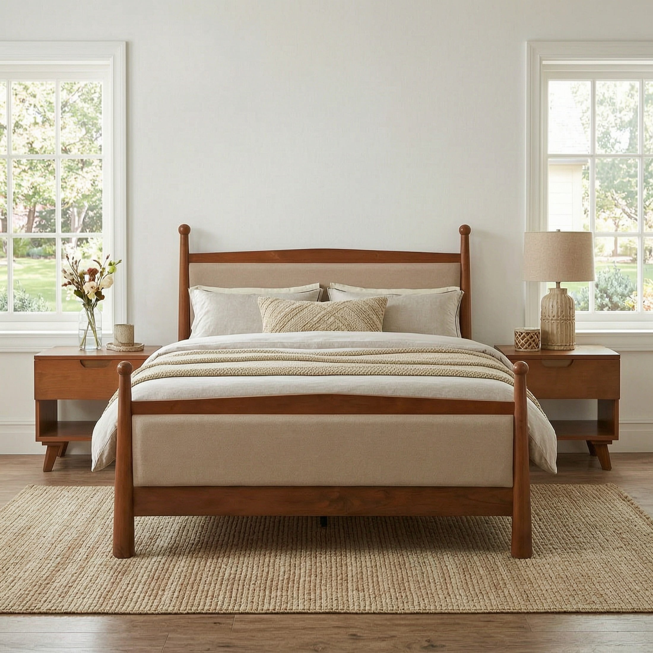 Christopher Knight Home Farmhouse Queen Upholstered Platform Bed with 2 Wooden Nightstands, Cherry