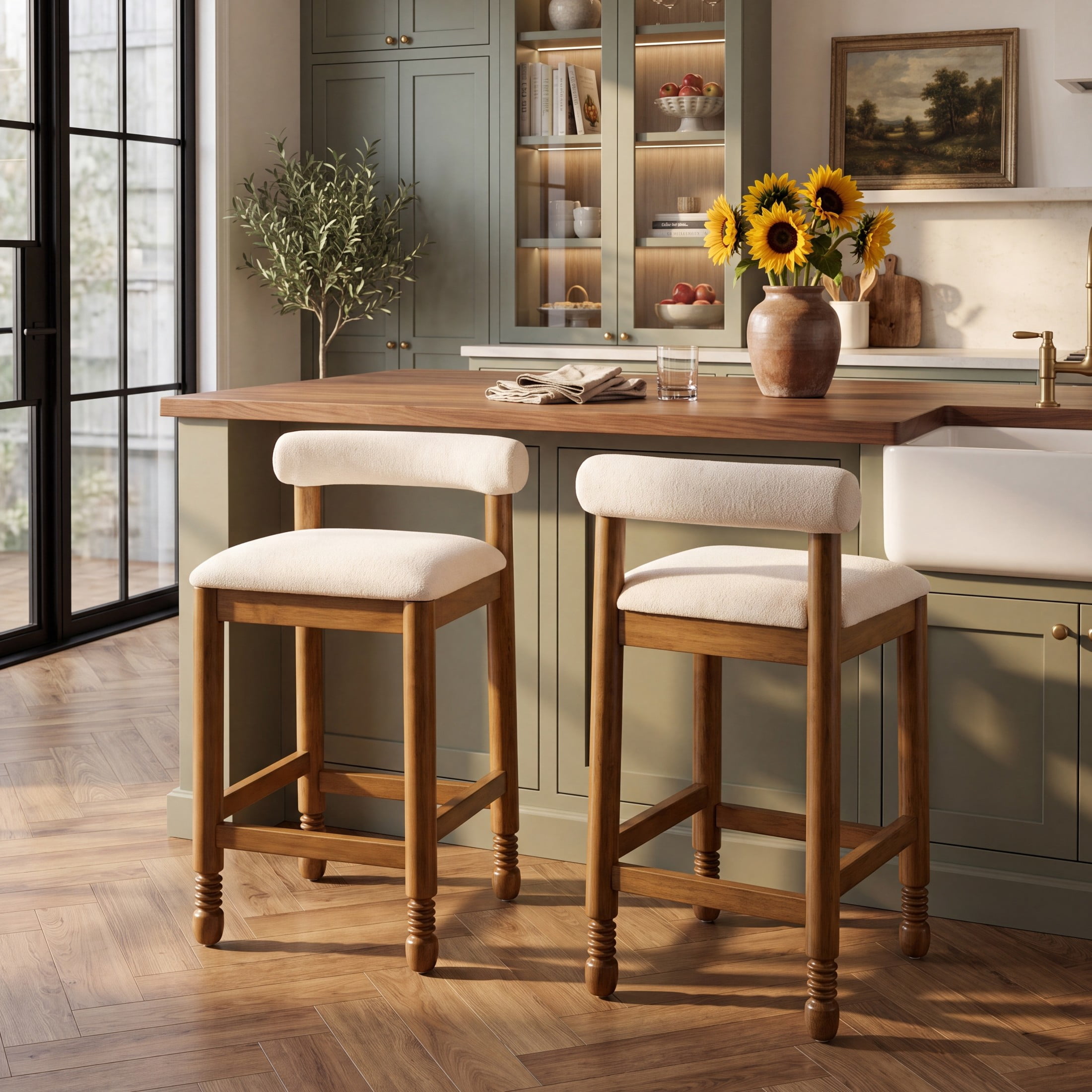 Christopher Knight Home Farmhouse Upholstered Counter Stools with Spindle Legs, Natural+Beige, Set of 2