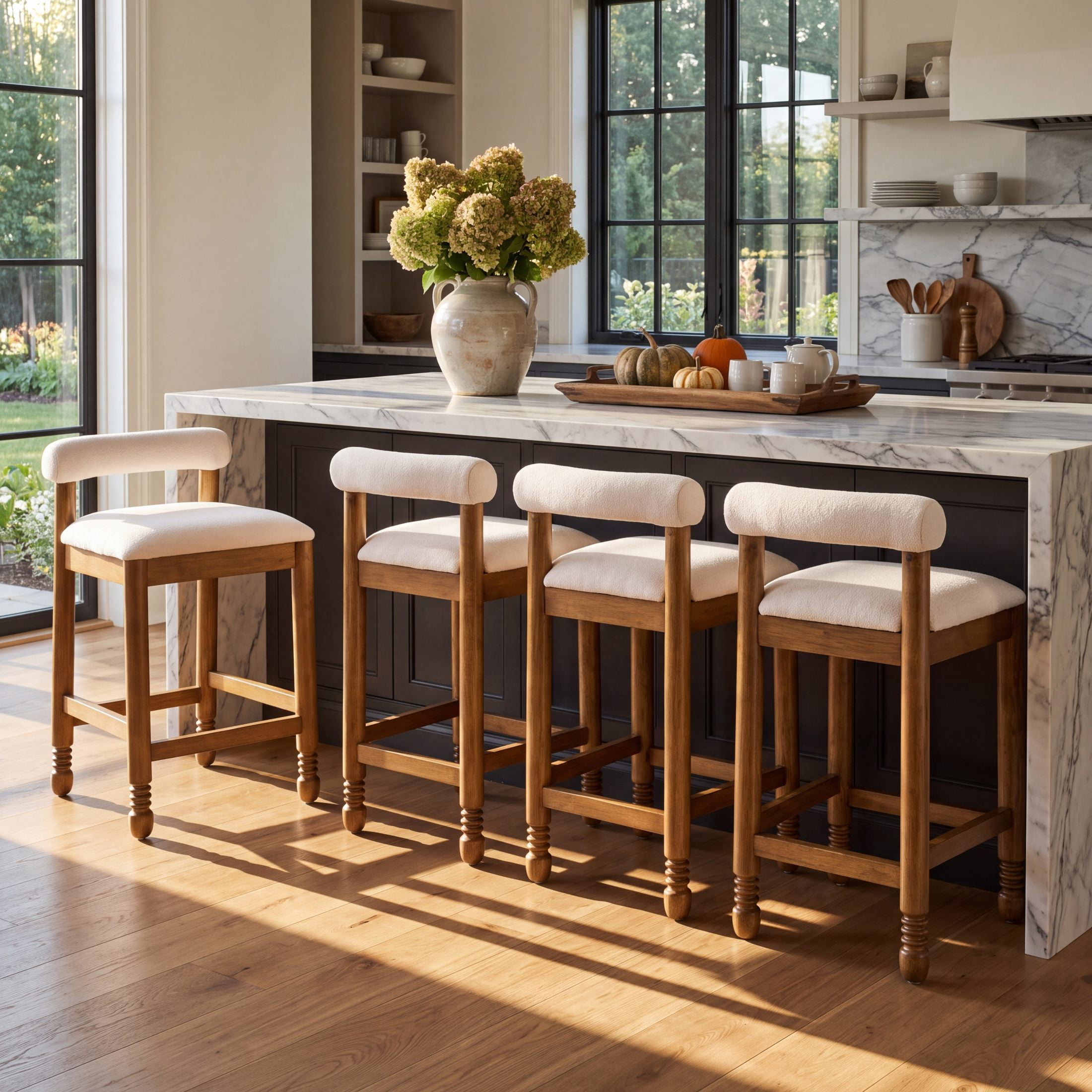 Christopher Knight Home Farmhouse Upholstered Counter Stools with Spindle Legs, Natural+Beige, Set of 4