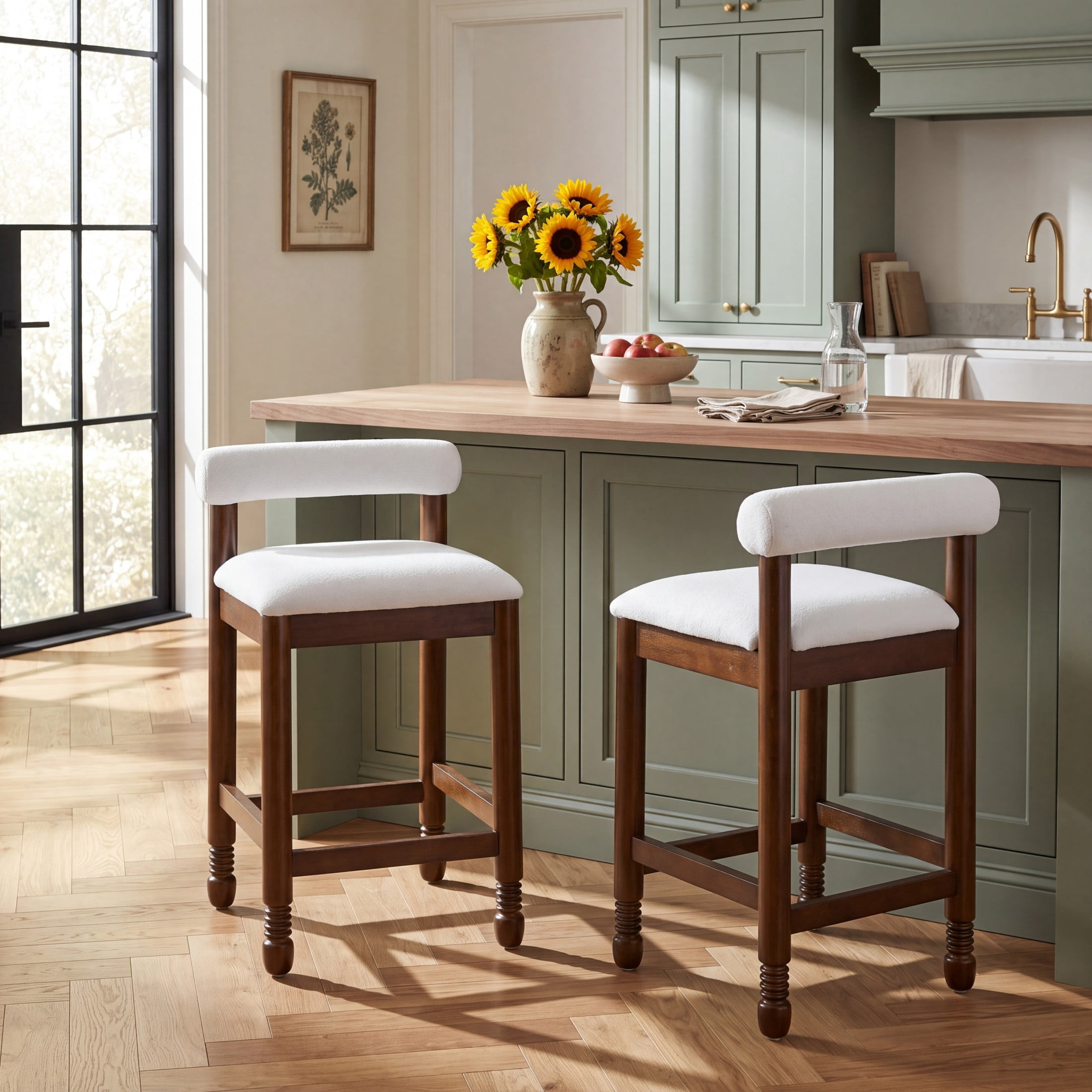 Christopher Knight Home Farmhouse Upholstered Counter Stools with Spindle Legs, Walnut+White, Set of 2