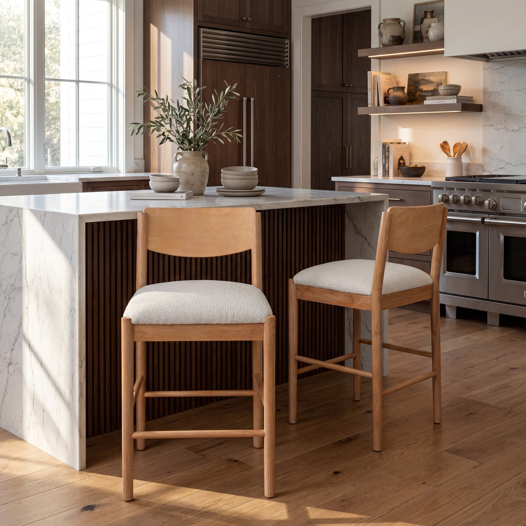 Christopher Knight Home Farmhouse Wood Counter Stools with Upholstered Seat, Natural+Beige, Set of 2