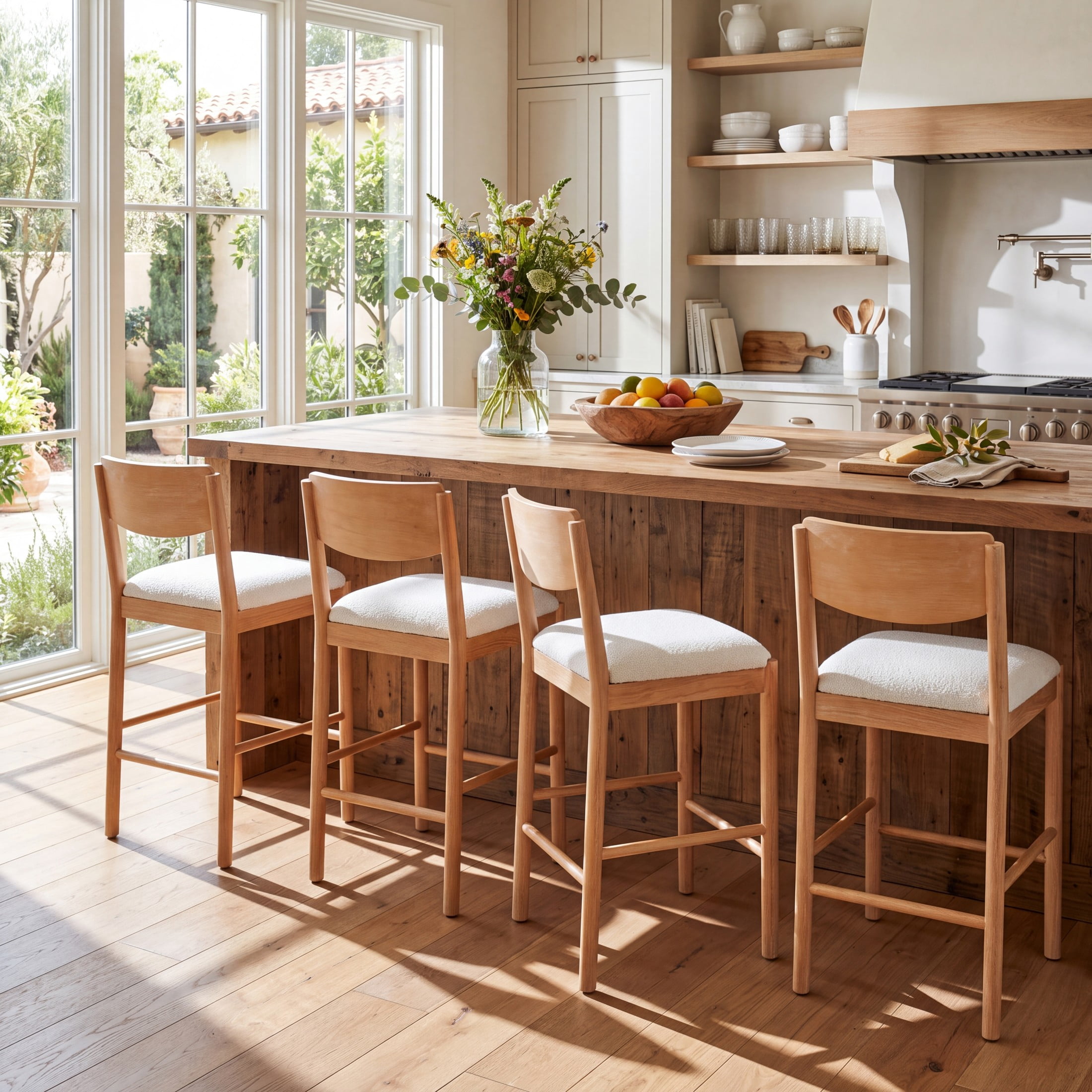 Christopher Knight Home Farmhouse Wood Counter Stools with Upholstered Seat, Natural+Beige, Set of 4