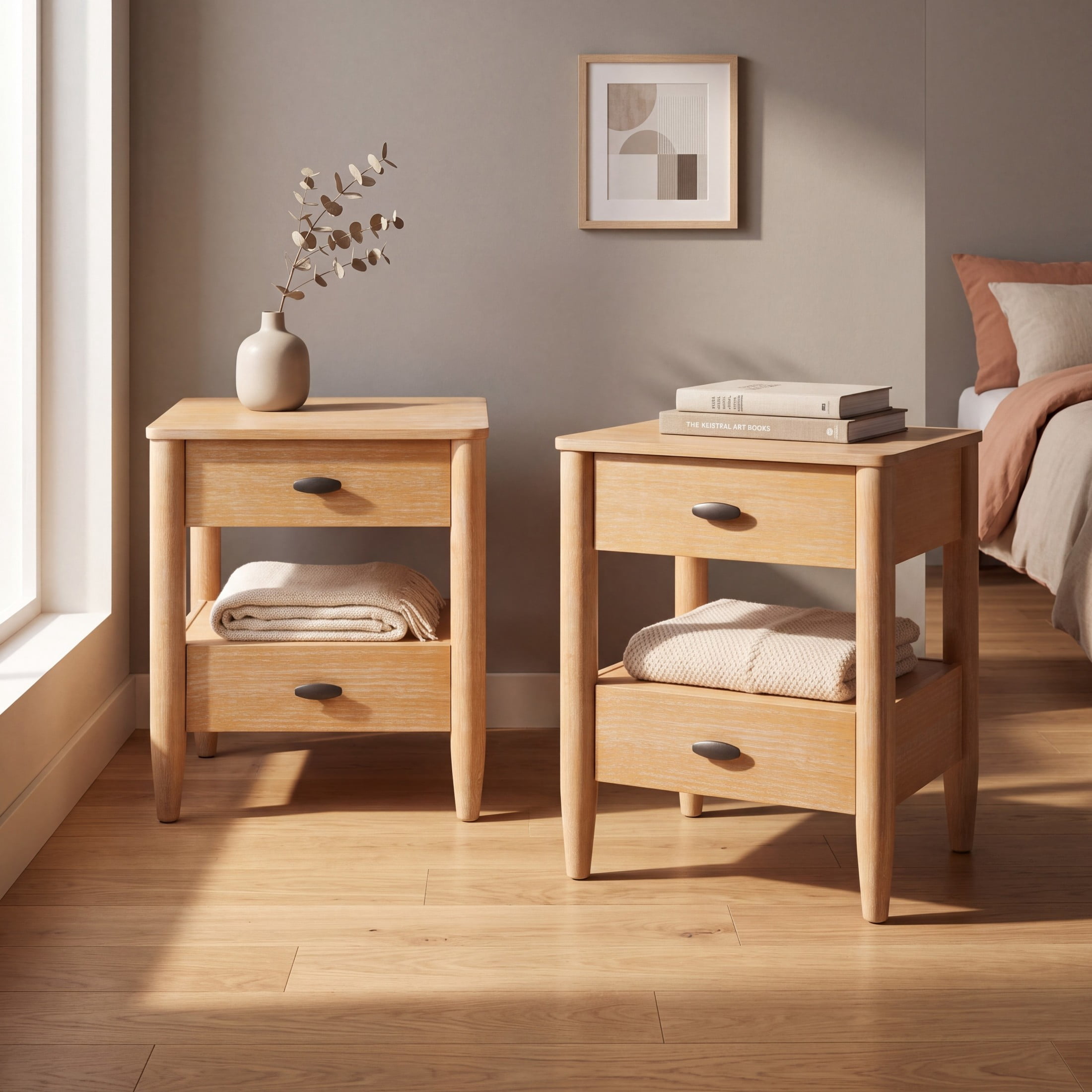 Christopher Knight Home Farmhouse Wooden Nightstand with Soft-Close Drawers, Open Shelf, Natural, Set of 2