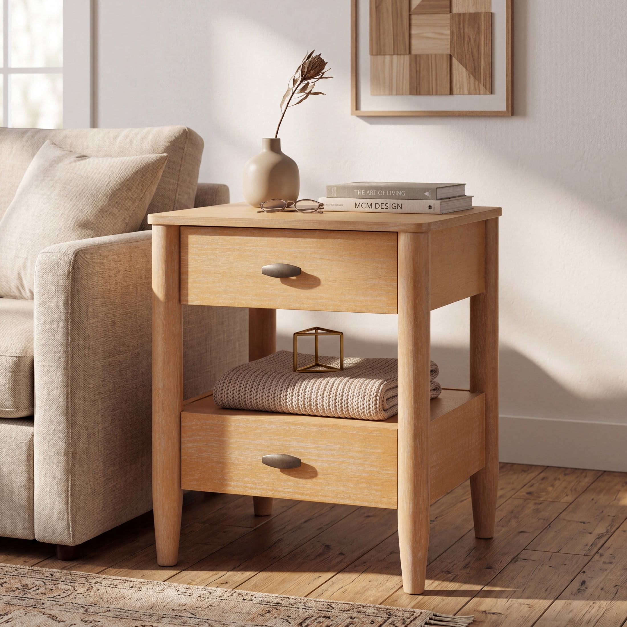 Christopher Knight Home Farmhouse Wooden Nightstand with Soft-Close Drawers, Open Shelf, Natural