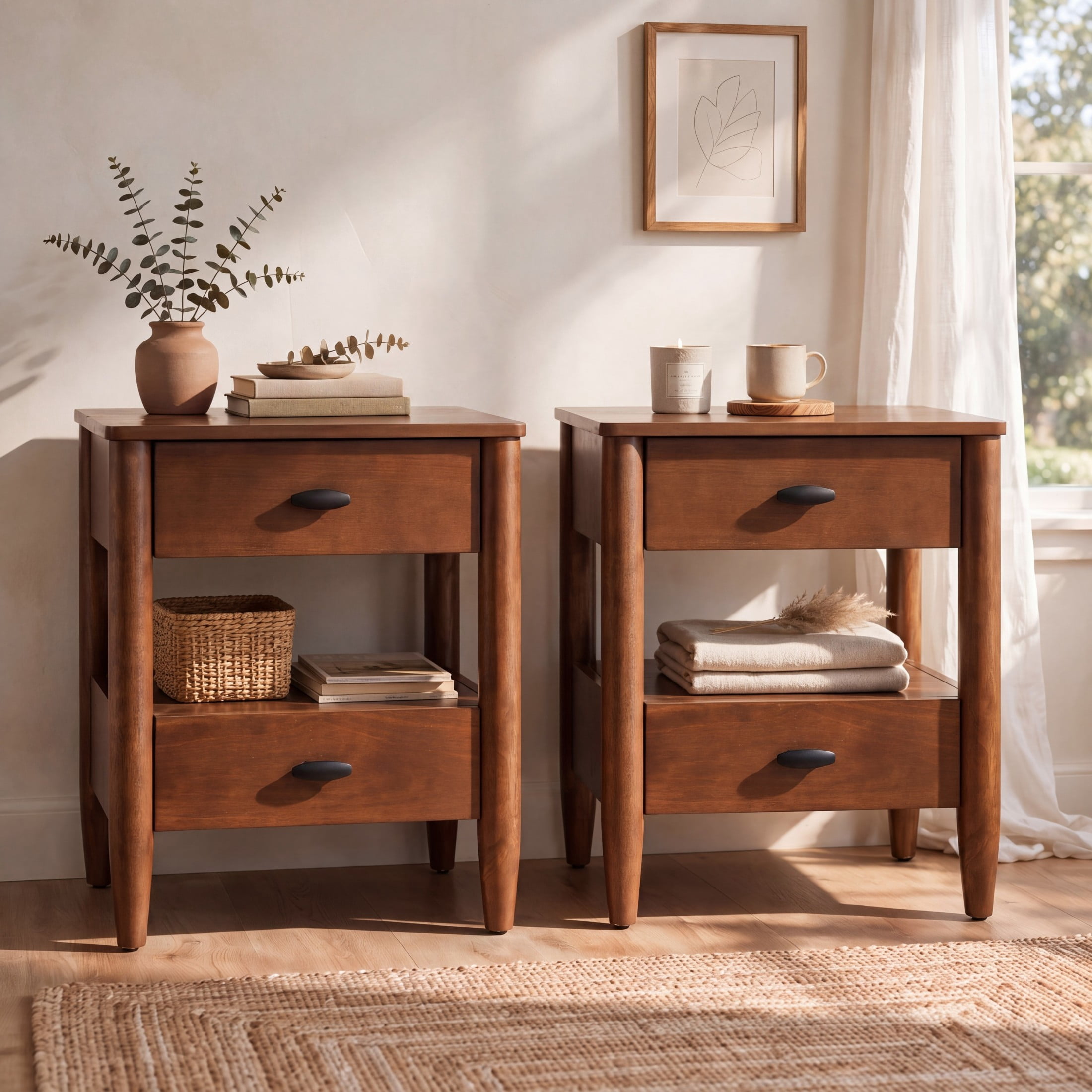 Christopher Knight Home Farmhouse Wooden Nightstand with Soft-Close Drawers, Open Shelf, Walnut, Set of 2