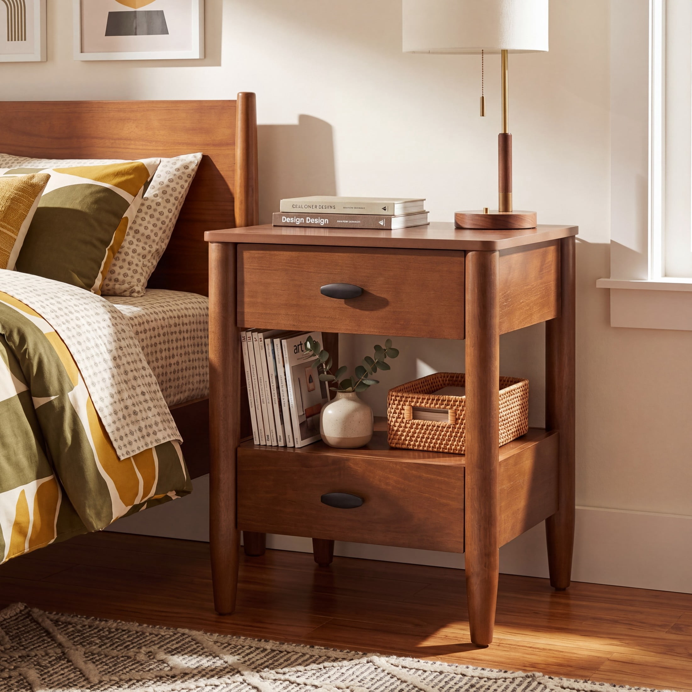 Christopher Knight Home Farmhouse Wooden Nightstand with Soft-Close Drawers, Open Shelf, Walnut