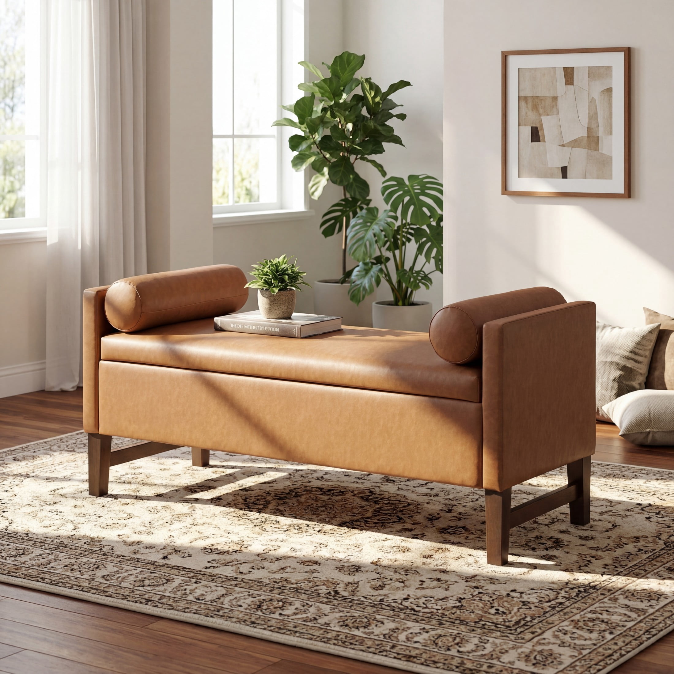 Christopher Knight Home Faux Leather Storage Ottoman Bench with Wooden Legs and Pillows, Light Brown