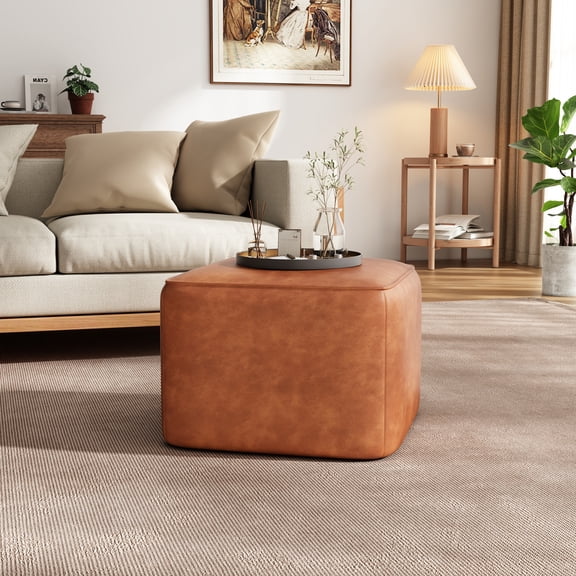 Christopher Knight Home Faux Leather Upholstered Square Ottoman, Modular Footrest with Wood Frame, Brown