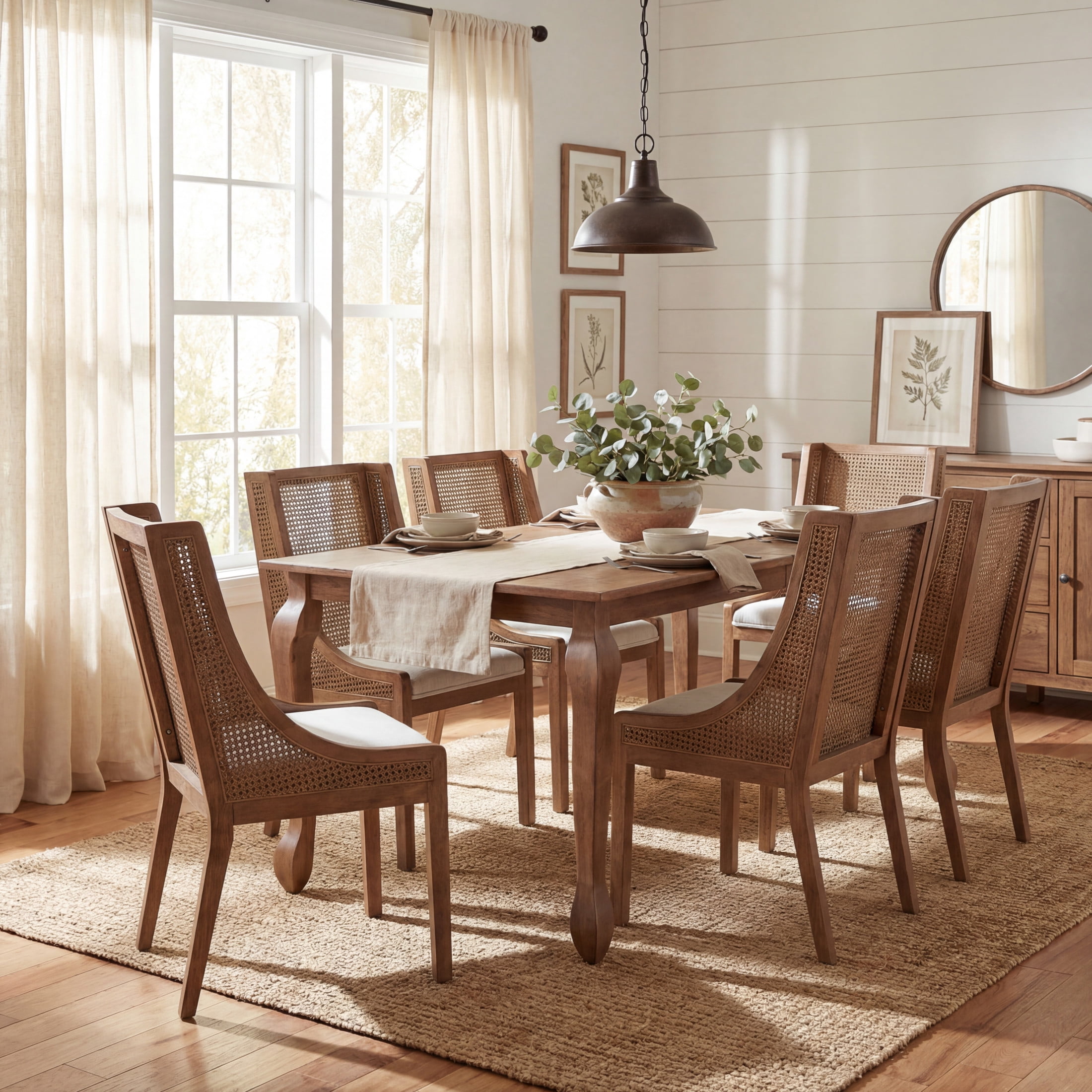 Christopher Knight Home French Country Dining Set for 6, 62" Extendable Table and Cane Back Chairs, Walnut