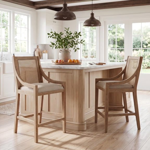 Christopher Knight Home French Country Upholstered Counter Stools with Cane Back, Natural, Set of 2