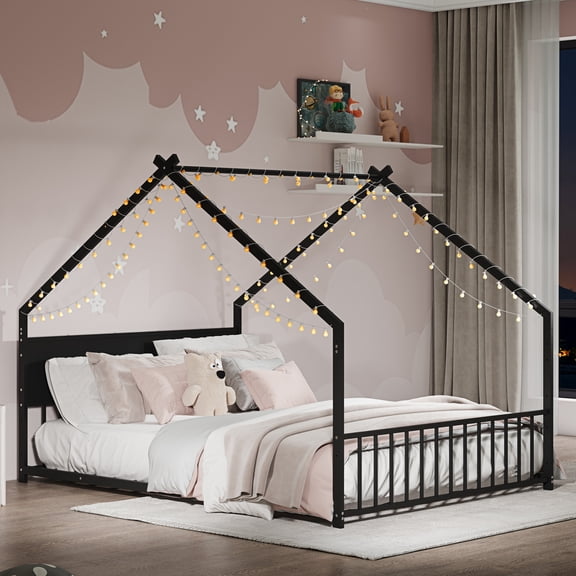 Christopher Knight Home Full Size Metal House Bed Frame with LED Light Strips & Backrest, Kids Floor Bed, Black