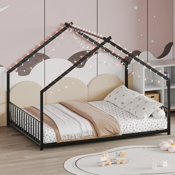 Christopher Knight Home Full Size Metal House Bed Frame with LED Light Strips, Kids Floor Bed, Black