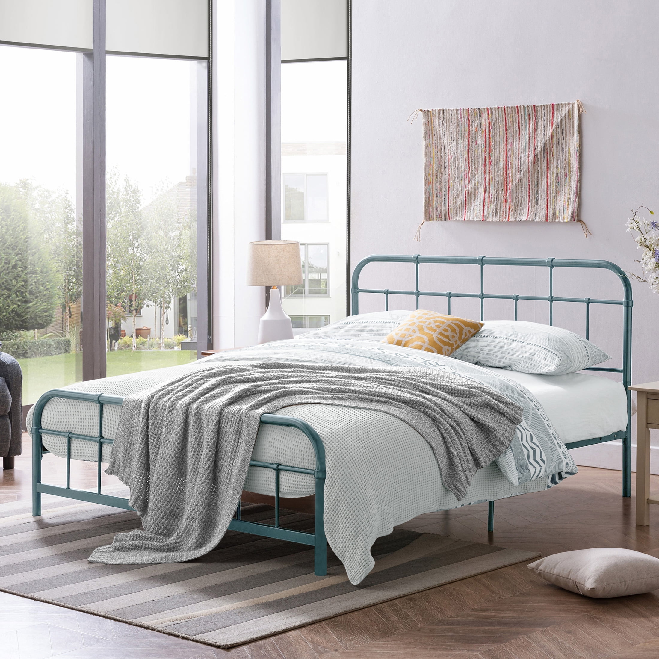 Christopher Knight Home Full Size Metal Platform Bed Frame, Round Corner Headboard and Footboard, Antique Blue