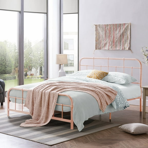 Christopher Knight Home Full Size Metal Platform Bed Frame, Round Corner Headboard and Footboard, Pink