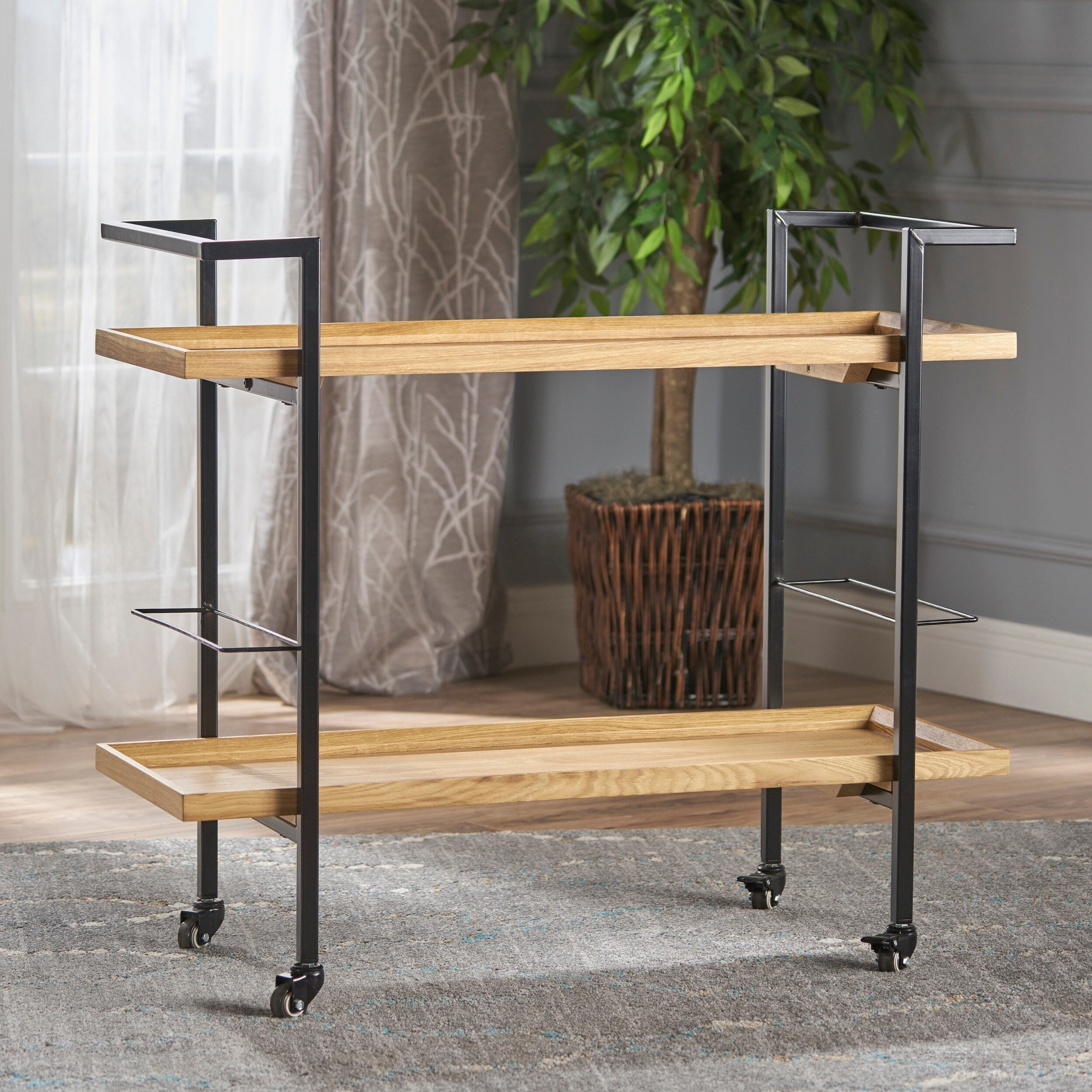 Gerard Natural Wood and Black Iron Bar Cart with Storage
