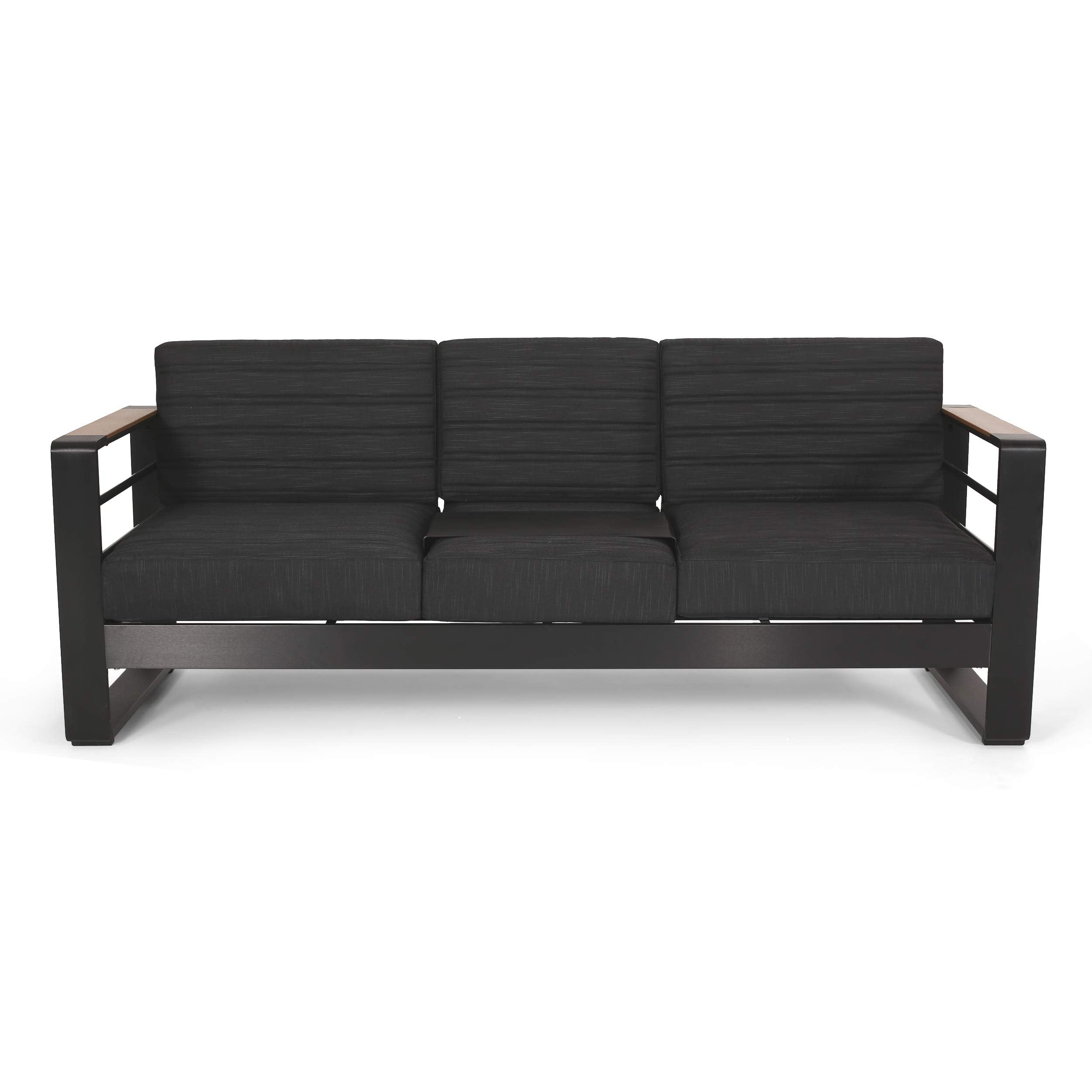 Giovanna Black Aluminum and Wood Three-Seat Outdoor Sofa
