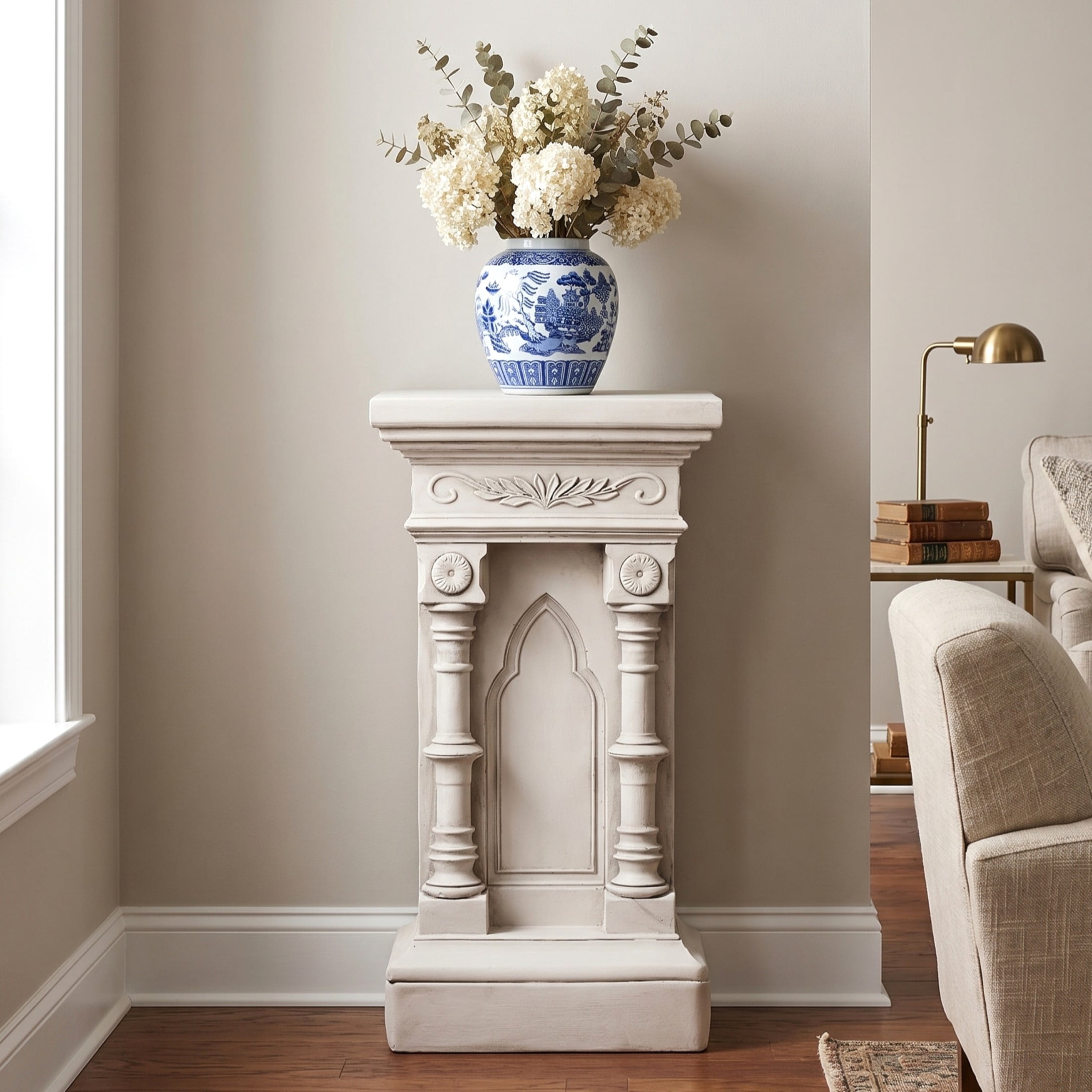 Christopher Knight Home Gothic Floral Pedestal Plant Stand, Decorative Display Column, Antique White