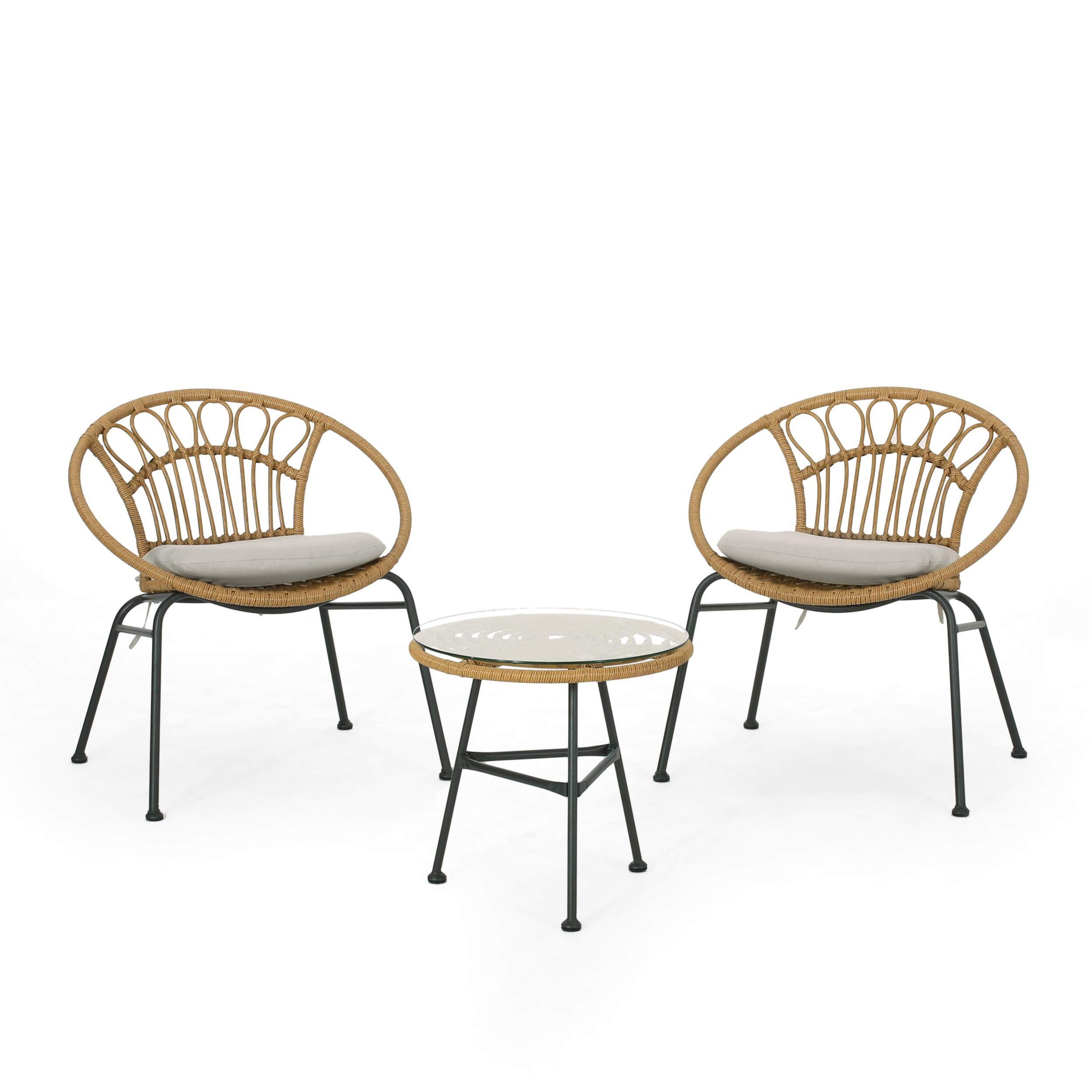 Light Brown and Beige Faux Wicker 3-Piece Outdoor Chat Set