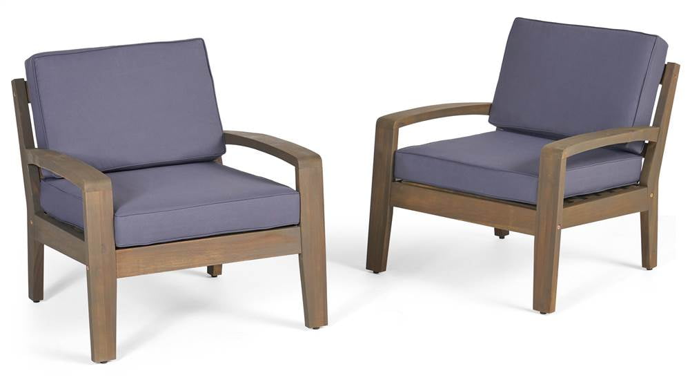 Transitional Acacia Wood Lounge Chairs with Water-Resistant Cushions, Set of 2