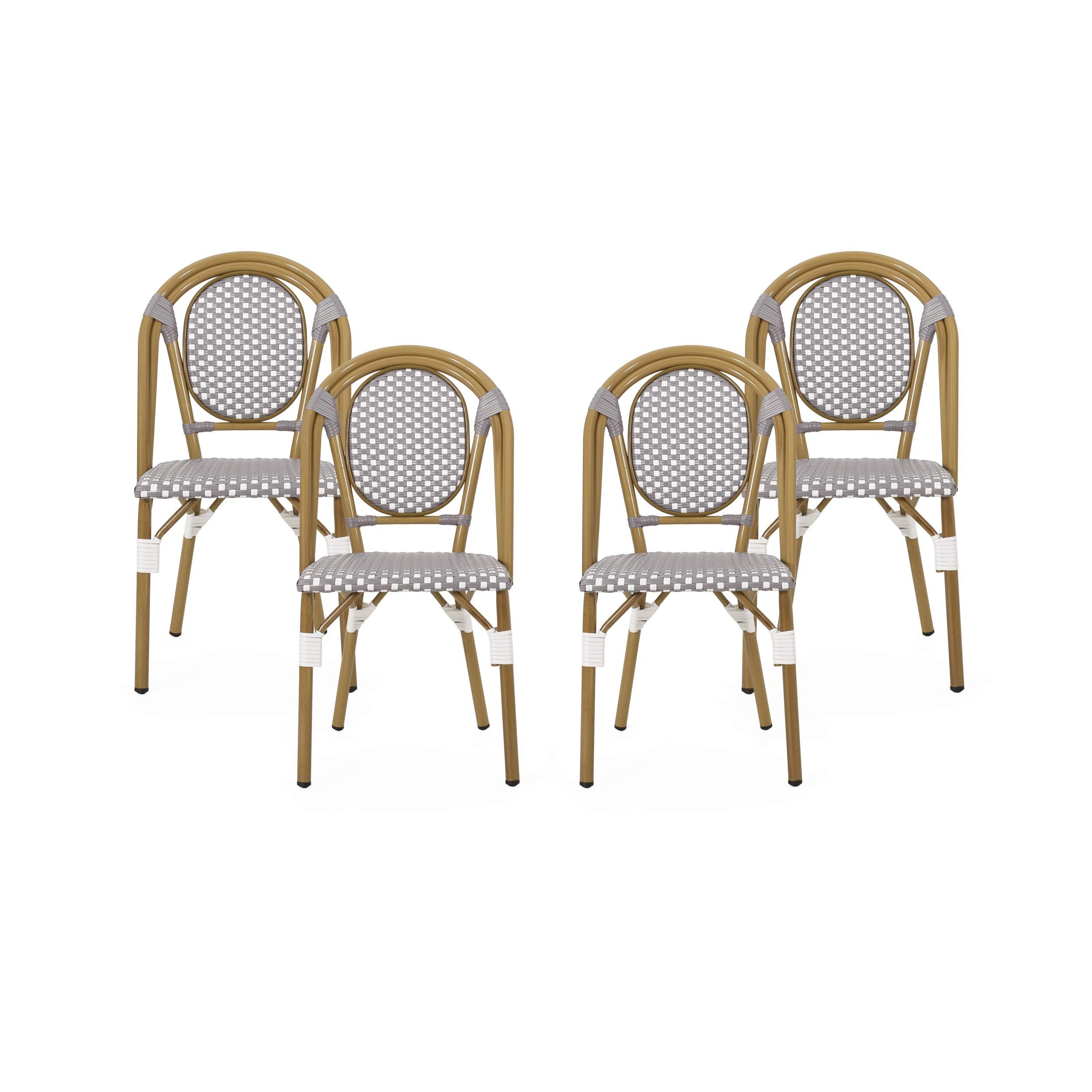 Gray and White Faux Rattan Armless Bistro Chairs with Bamboo Print Finish, Set of 4