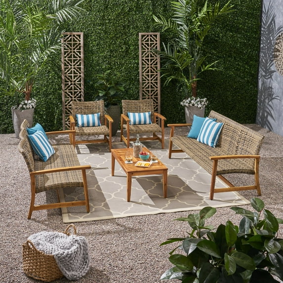 Christopher Knight Home Hampton Outdoor 5-piece Wood and Wicker Sofa Chat Set by Gray + Natural Finish