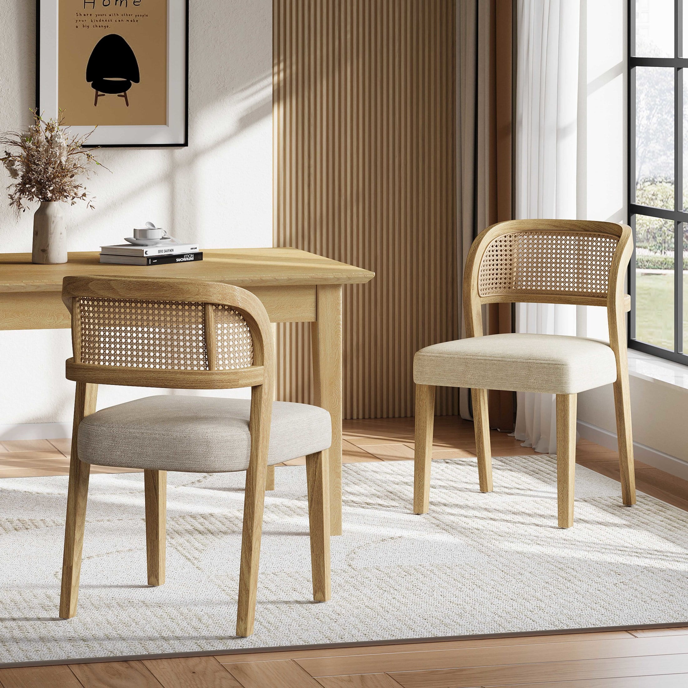 Christopher Knight Home Hand-Woven Rattan Back Dining Chairs with Beige Seat, Natural Finish, Set of 2