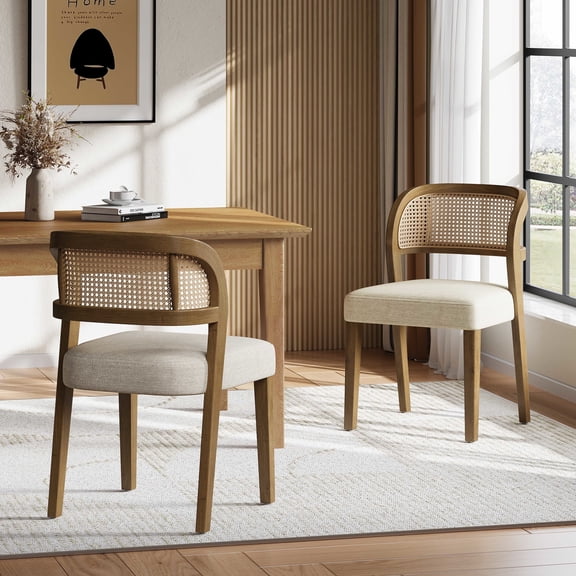 Christopher Knight Home Hand-Woven Rattan Back Dining Chairs with Beige Seat, Walnut Finish, Set of 2