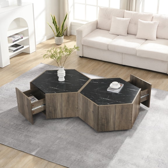 Christopher Knight Home Hexagonal Rustic Coffee Table with Hidden Drawers, Black Marble Top, Light Brown Finish, Set of 2