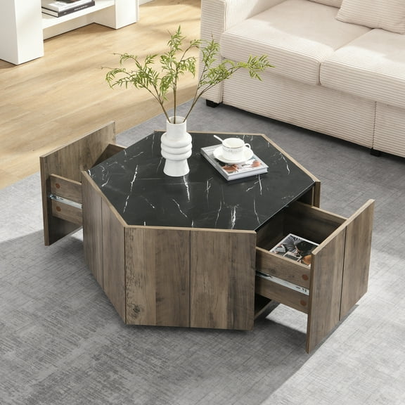 Christopher Knight Home Hexagonal Coffee Table with Marble Top and Storage Drawers