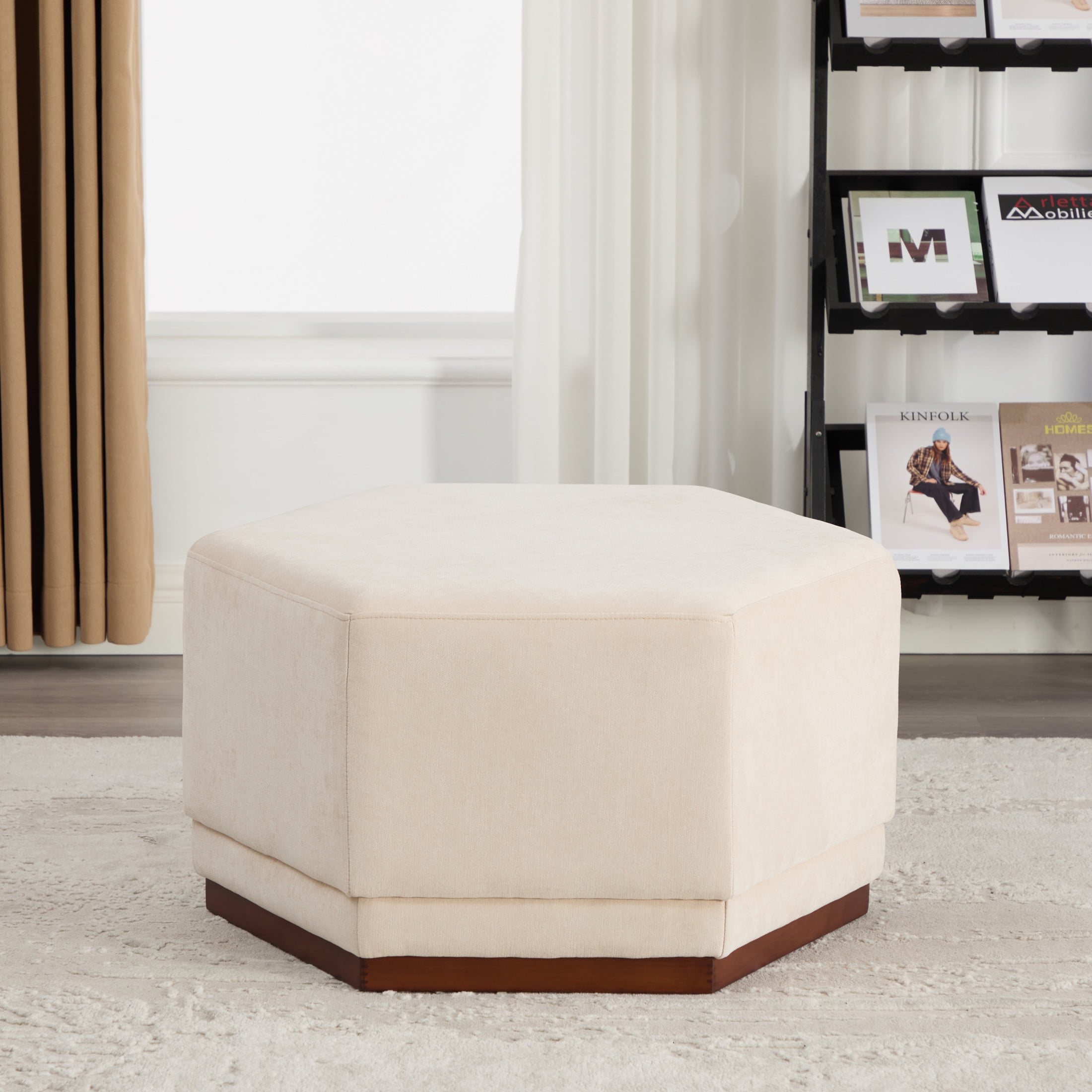 Christopher Knight Home Hexagonal Upholstered Ottoman with Wood Base, Modern Footrest, Beige