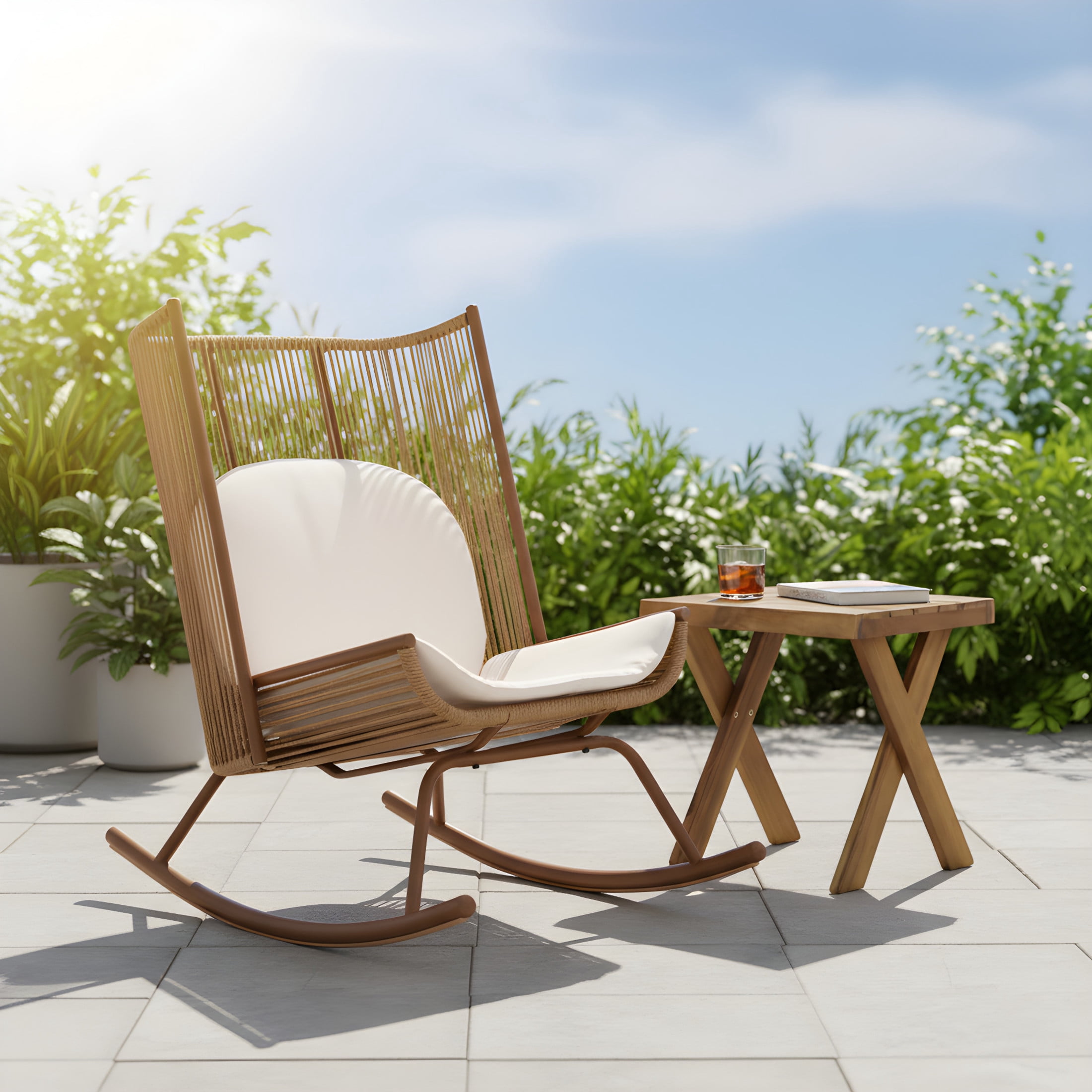 Christopher Knight Home High Back Outdoor Rocking Chair with Acacia Cross Base Side Table, Brown