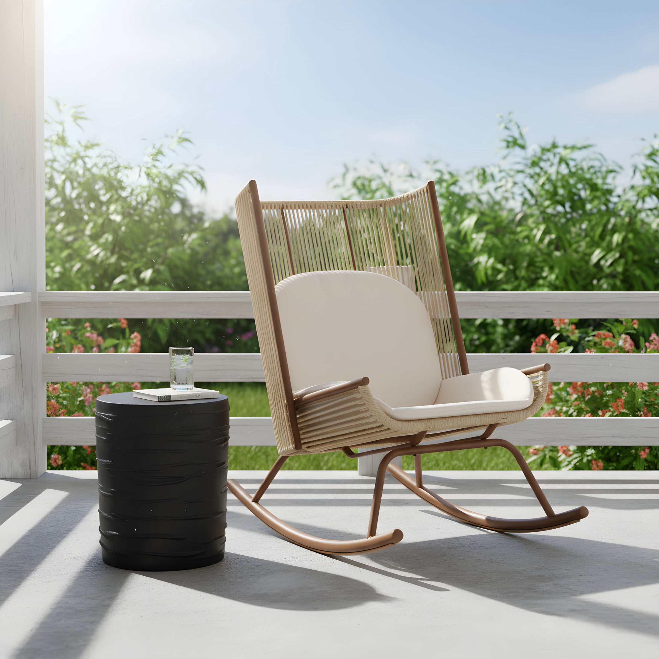 Christopher Knight Home High Back Outdoor Rocking Chair with Lightweight Concrete Side Table, Beige