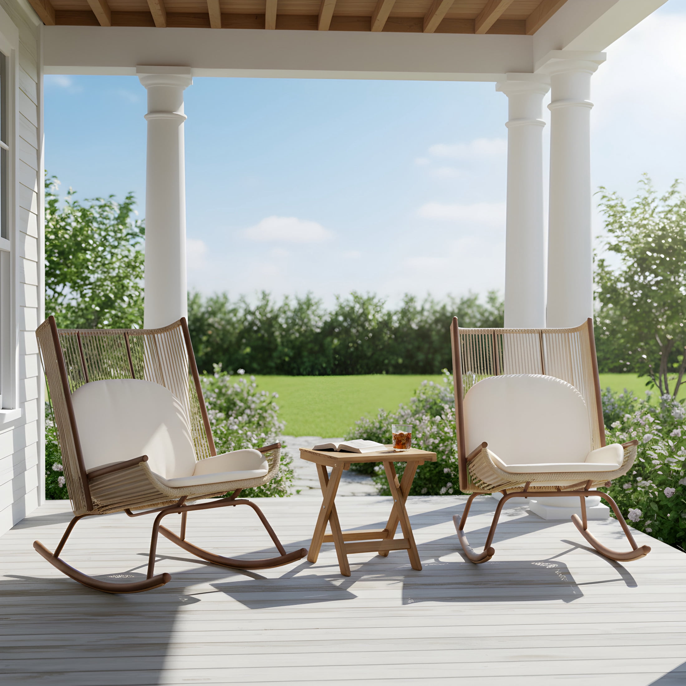 Christopher Knight Home High Back Outdoor Rocking Chairs with Acacia Cross Base Side Table, Beige