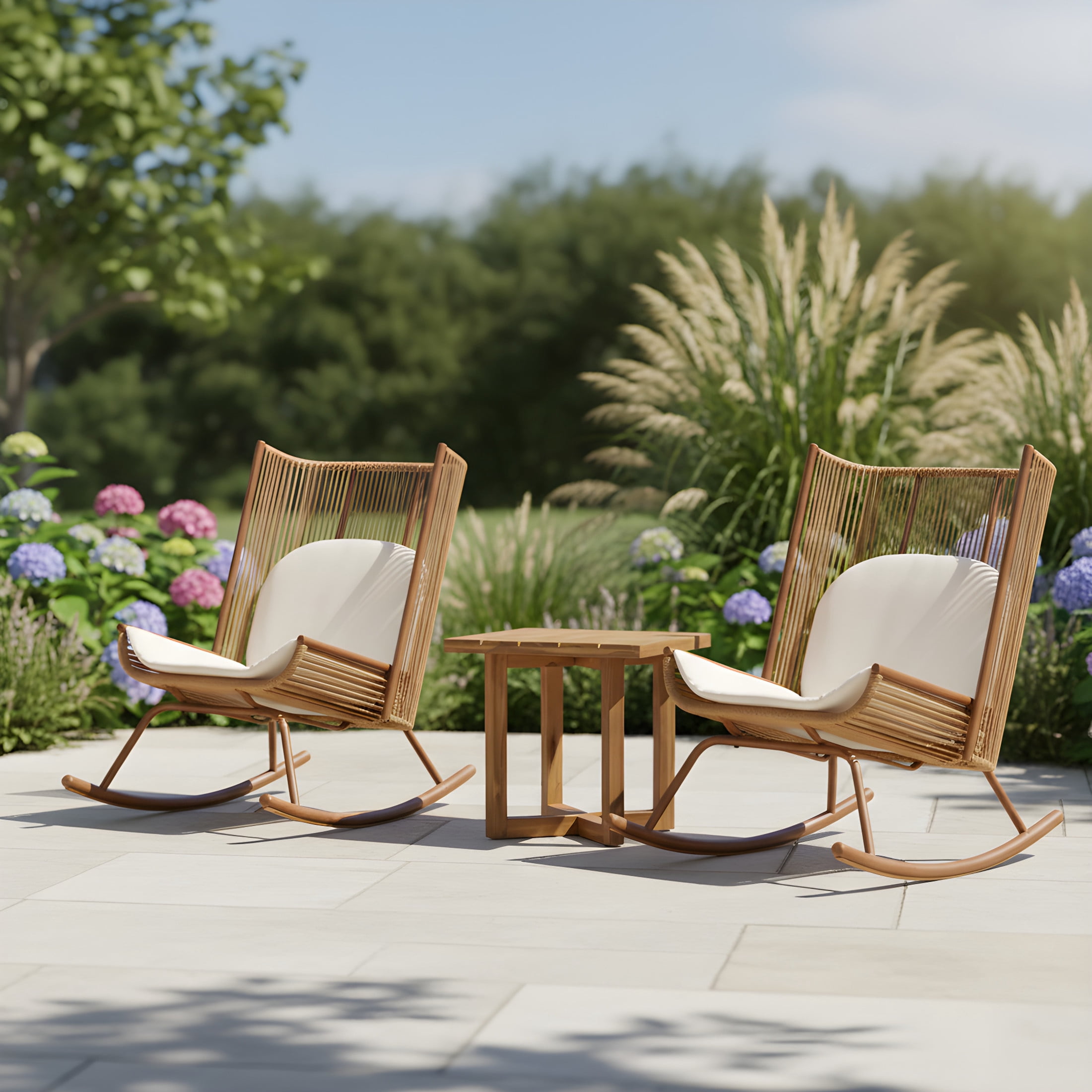 Christopher Knight Home High Back Outdoor Rocking Chairs with Acacia Cross-Stretcher Side Table, Brown