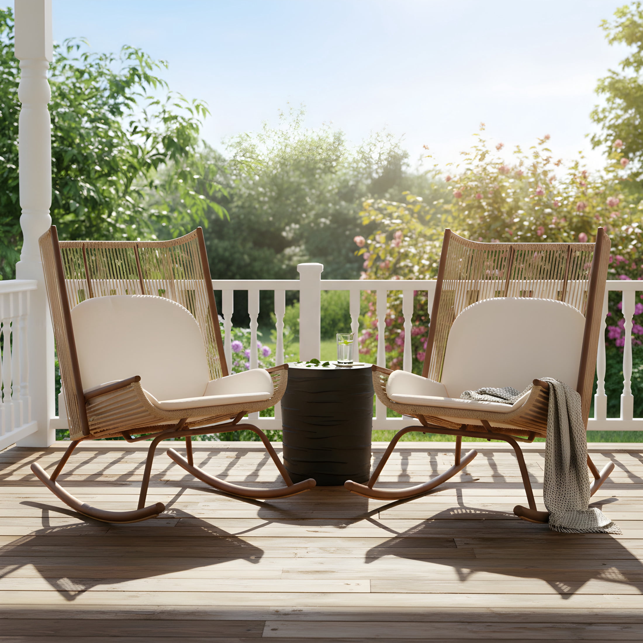 Christopher Knight Home High Back Outdoor Rocking Chairs with Lightweight Concrete Side Table, Beige