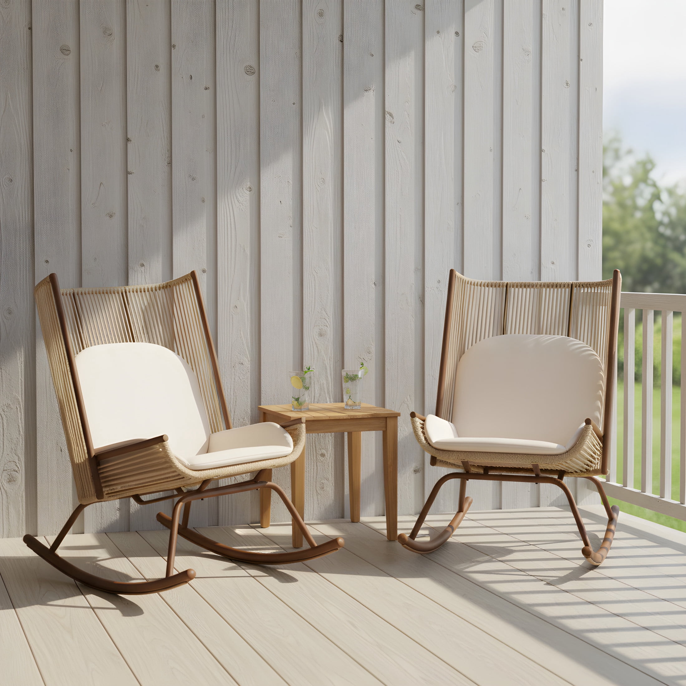 Christopher Knight Home High Back Outdoor Rocking Chairs with Rustic Acacia Slat Side Table, Beige