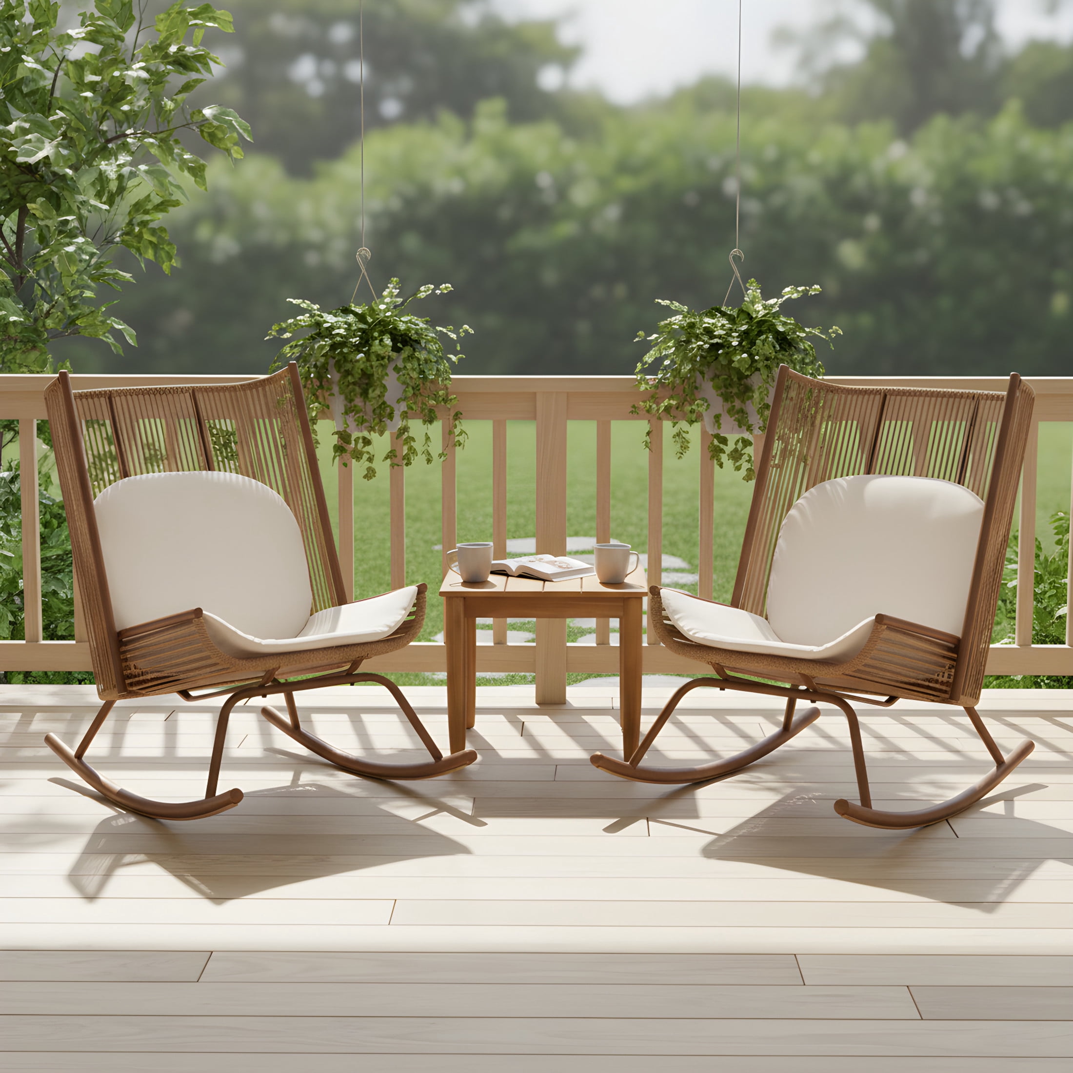 Christopher Knight Home High Back Outdoor Rocking Chairs with Rustic Acacia Slat Side Table, Brown